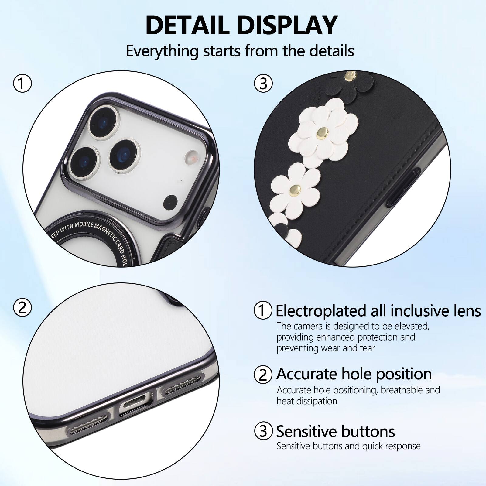 DETAIL DISPLAY  
Everything starts from the details  

1. Electroplated all inclusive lens  
The camera is designed to be elevated, providing enhanced protection and preventing wear and tear  

2. Accurate hole position  
Accurate hole positioning, breathable and heat dissipation  

3. Sensitive buttons  
Sensitive buttons and quick response