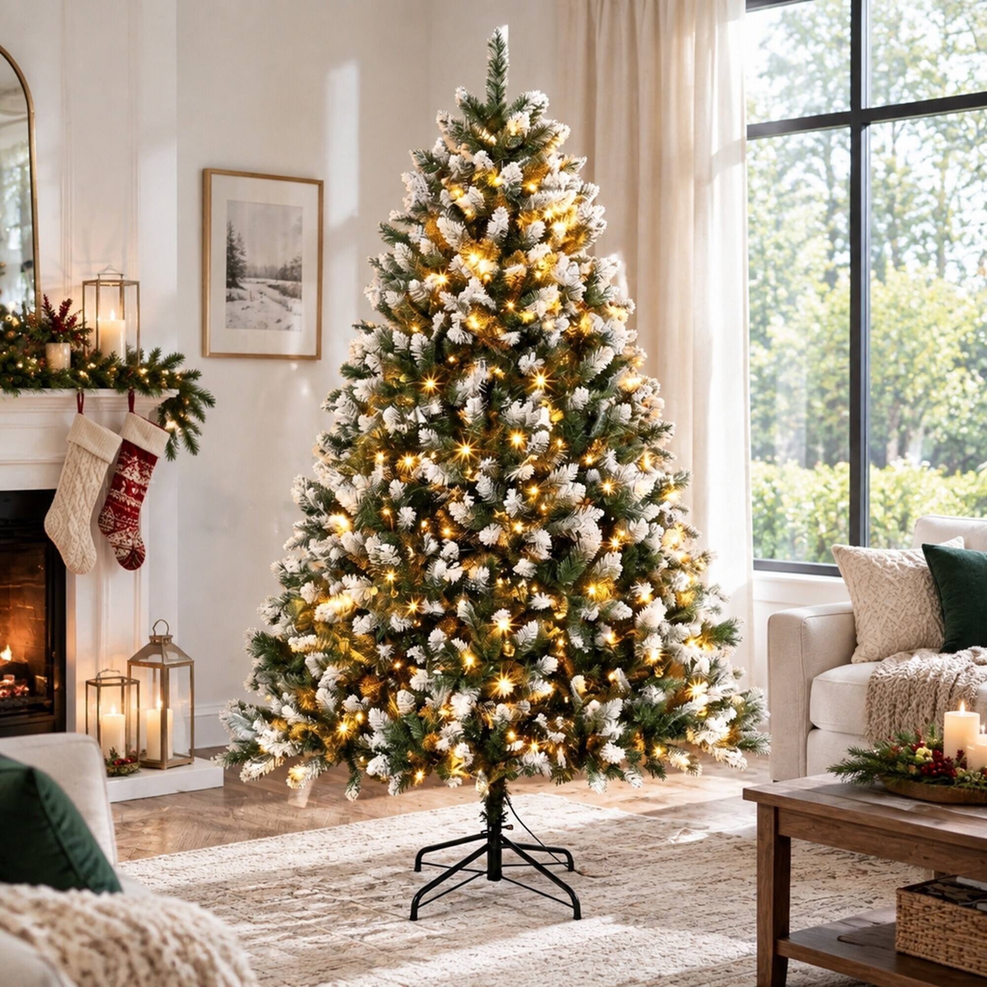 Back. RYHNUYNE - 6FT Pre-Lit White-Tipped Artificial Christmas Tree With 1020 Lush Tips and Hinged Full Body - Green,White.