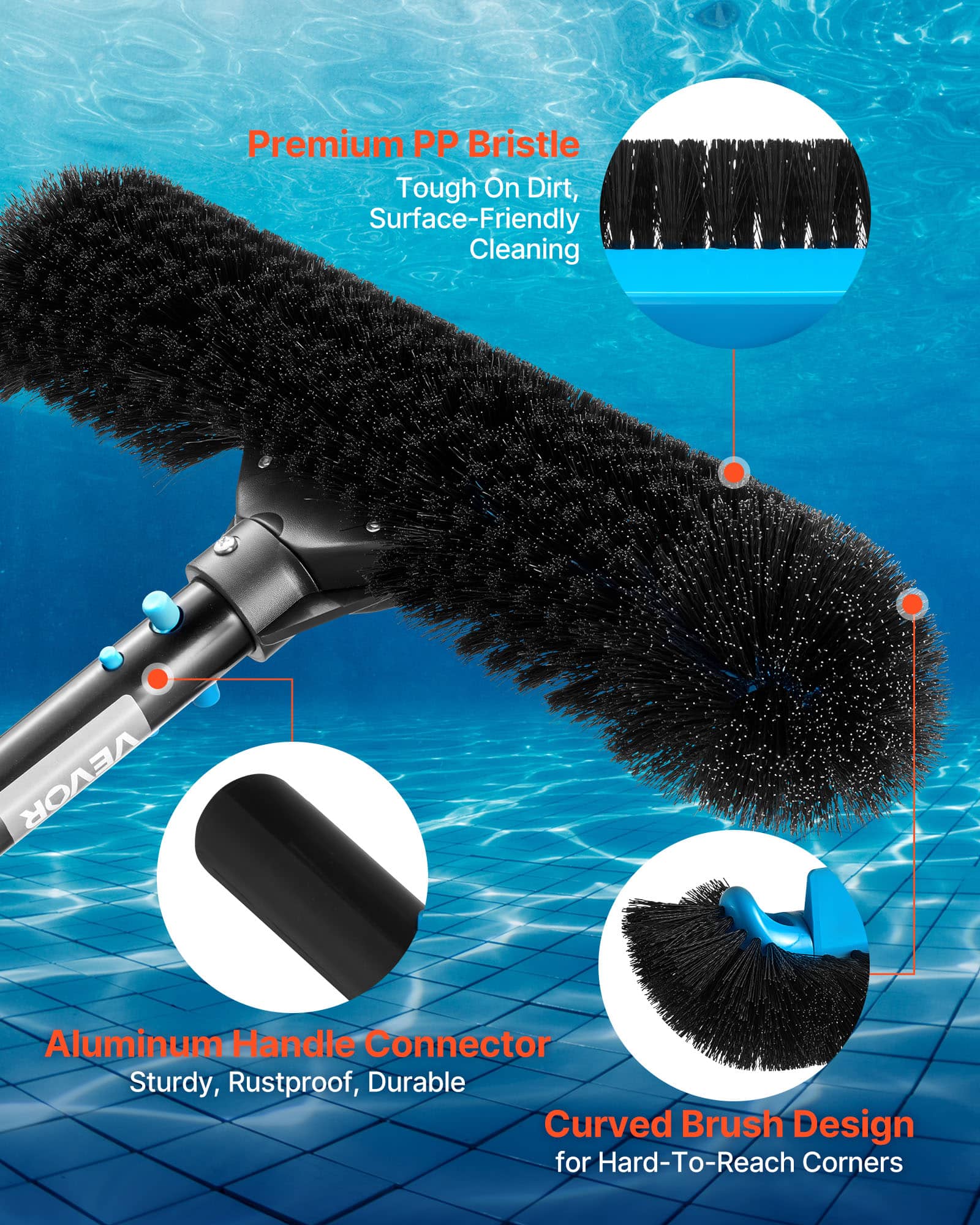 Premium PP Bristle  
Tough On Dirt, Surface-Friendly Cleaning  

Aluminum Handle Connector  
Sturdy, Rustproof, Durable  

Curved Brush Design  
for Hard-To-Reach Corners