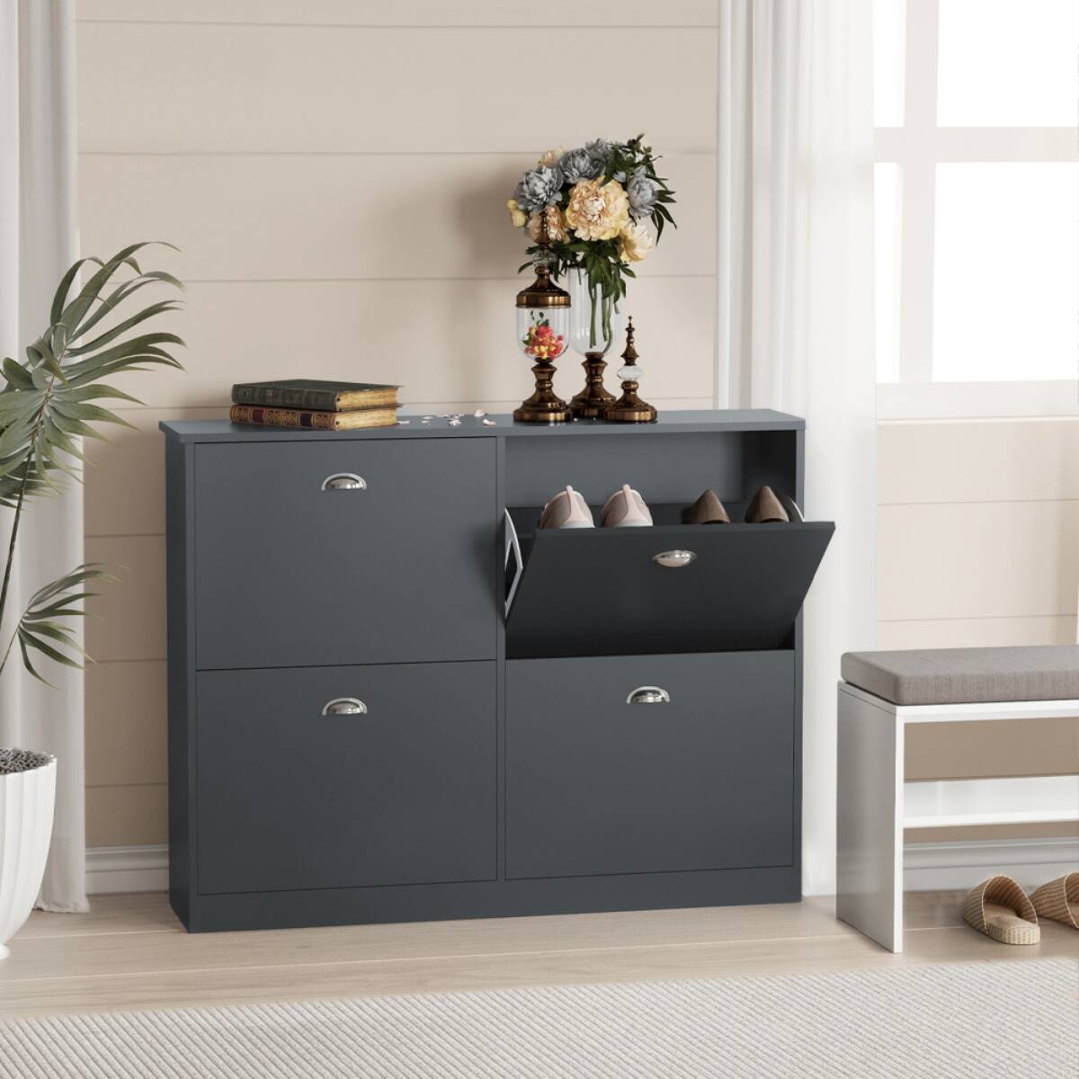 Alt View 1. HTUTWOO - Shoe Cabinet with 4 Flip-Top Drawers,Hidden Narrow Shoe Rack Cabinet for Entryway Hallway Bedroom, Family Use. - Gray.