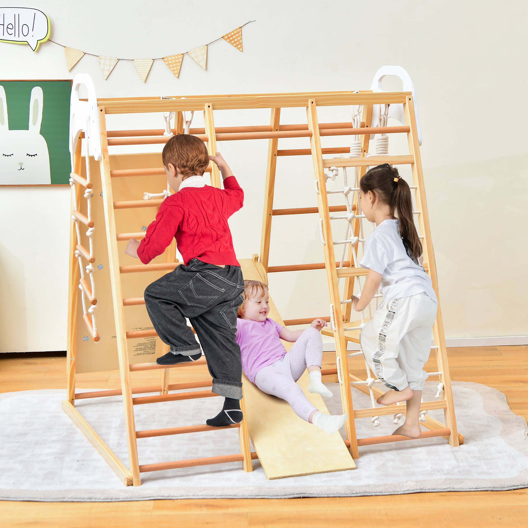 Alt View 1. Costway - Costway 8-in-1 Jungle Gym Playset, Wooden Climber Play Set with Monke - Natural.