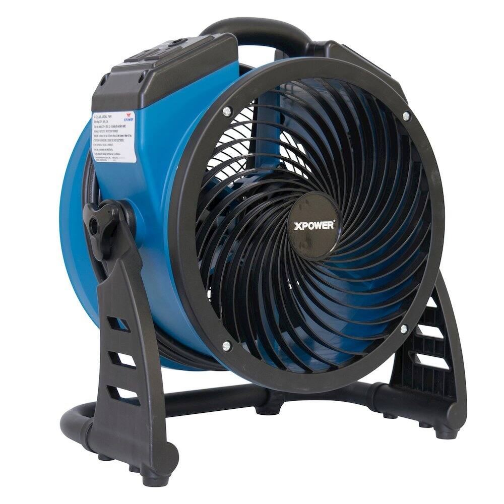 Left. XPOWER - 4 Speed 11" Ventilation Axial Air Mover, Blower, Fan with Built-in Power Outlets - Blue.