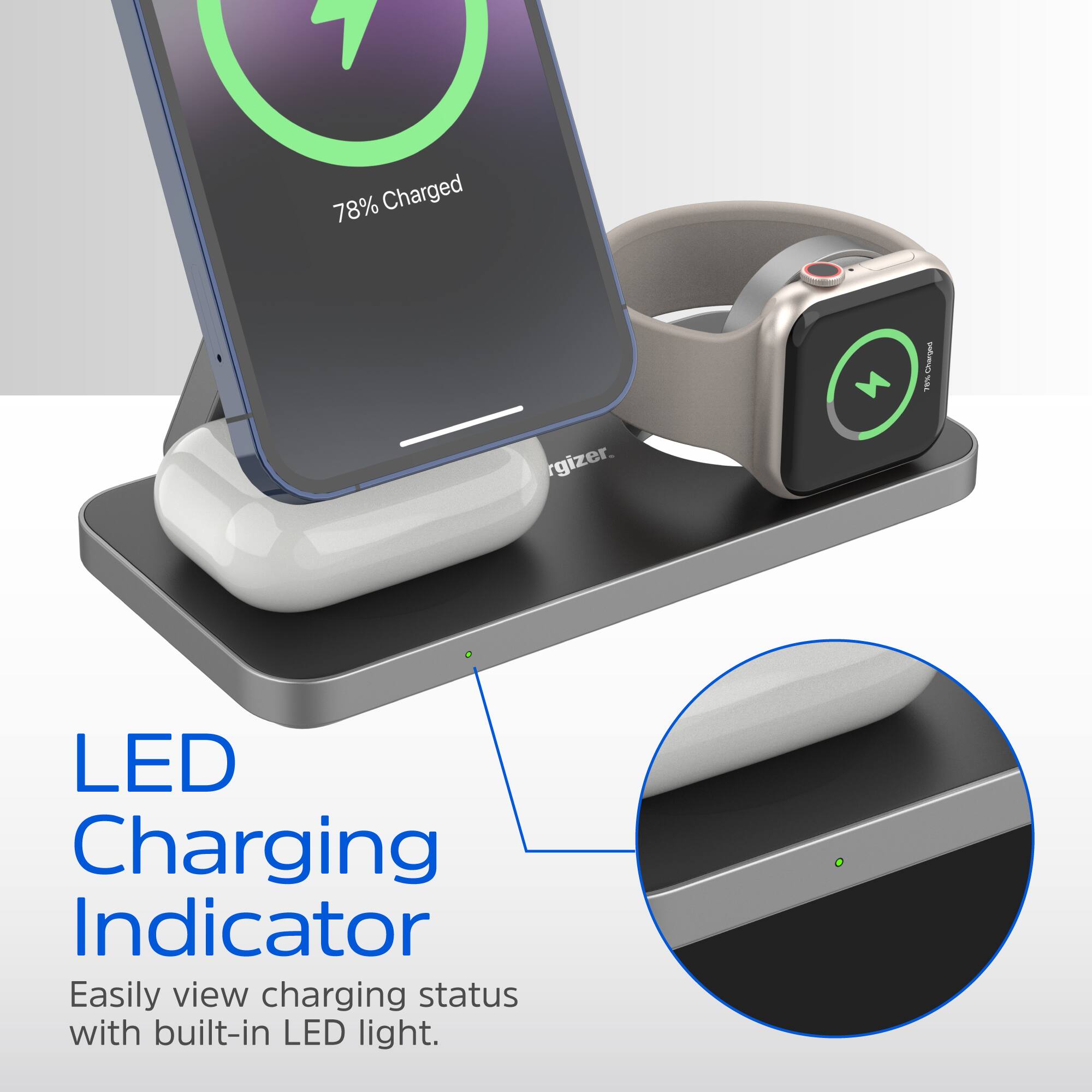 The image features a smartphone and a charging indicator, which is placed on a charging station. The charging indicator is designed to easily view the charging status with a built-in LED light. The image also includes a watch, which is placed on the charging station next to the phone. The charging indicator is described as a "LED Charging Indicator," and it is shown to be 78% charged.