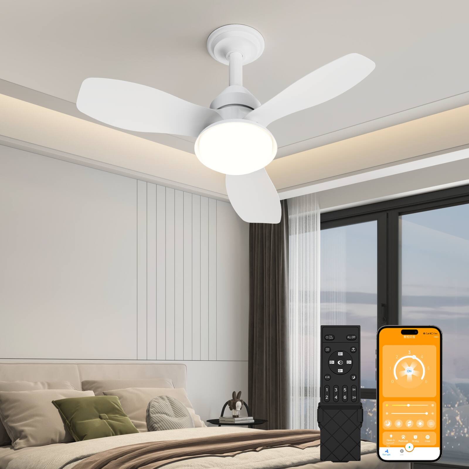 Loheer - Ceiling Fan with Light, 24.4 Inch White Flush Mount Fan, Quiet Reversible DC Motor, App Remote Control