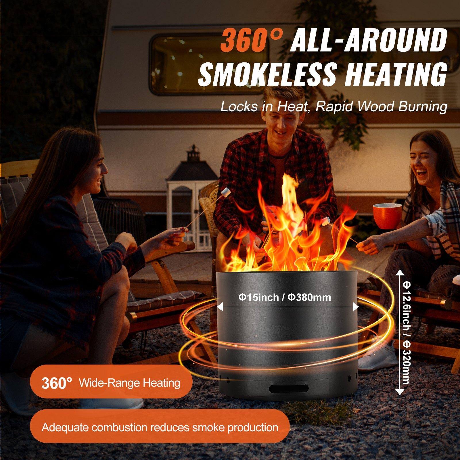 360° ALL-AROUND SMOKELESS HEATING  
Locks in Heat, Rapid Wood Burning  

360° Wide-Range Heating  

Adequate combustion reduces smoke production  

Φ15inch / Φ380mm  
e12.6inch / e320mm