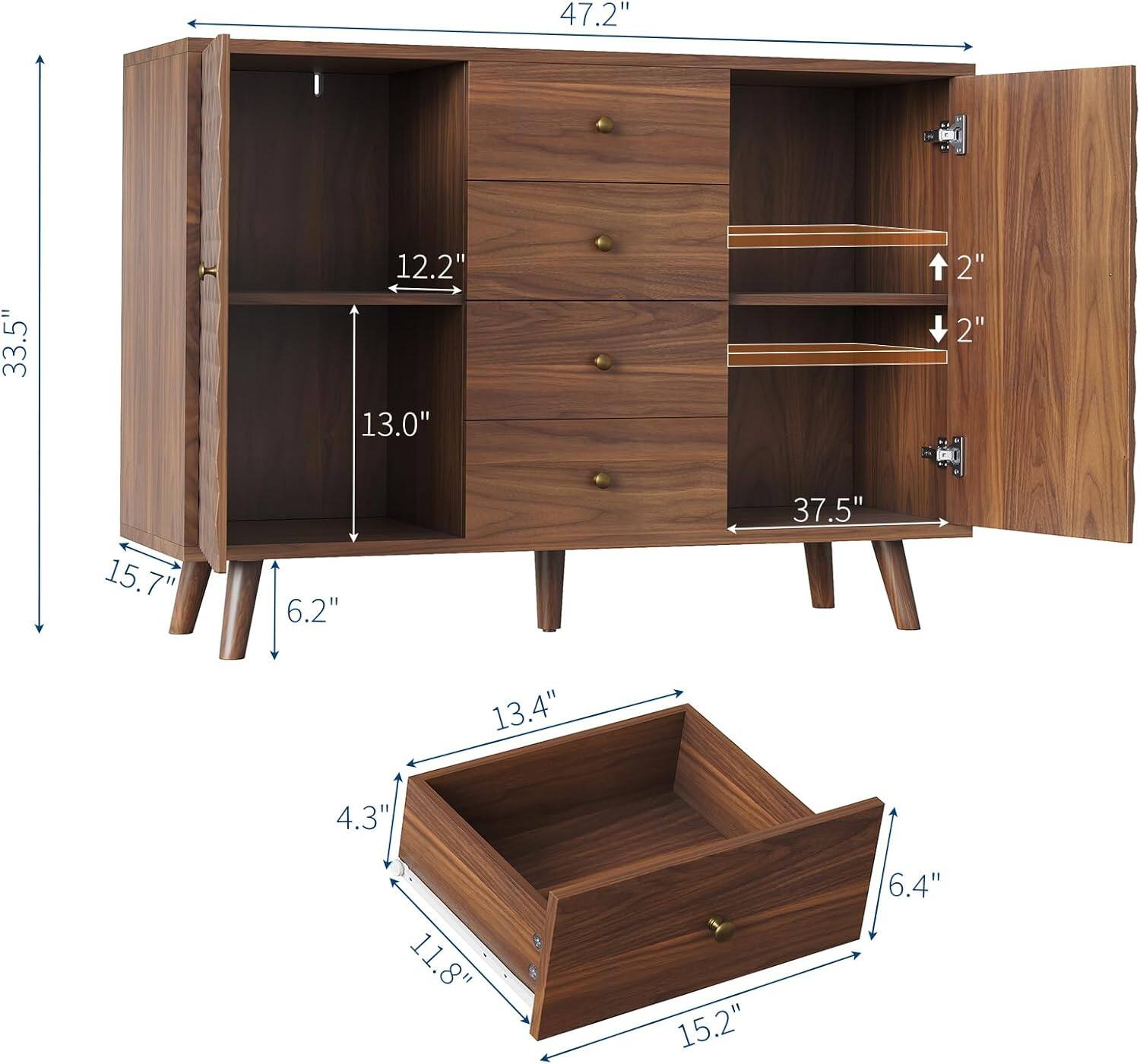 - Width: 47.2"
- Height: 33.5"
- Depth: 15.7"
- Shelf 1: 13.0" (height) x 12.2" (depth)
- Shelf 2: 2" (depth)
- Shelf 3: 2" (depth)
- Drawer: 15.2" (width) x 11.8" (depth) x 6.4" (height)
- Bottom shelf: 13.4" (width) x 4.3" (depth)
- Side shelf: 37.5" (width) x 6.2" (depth)