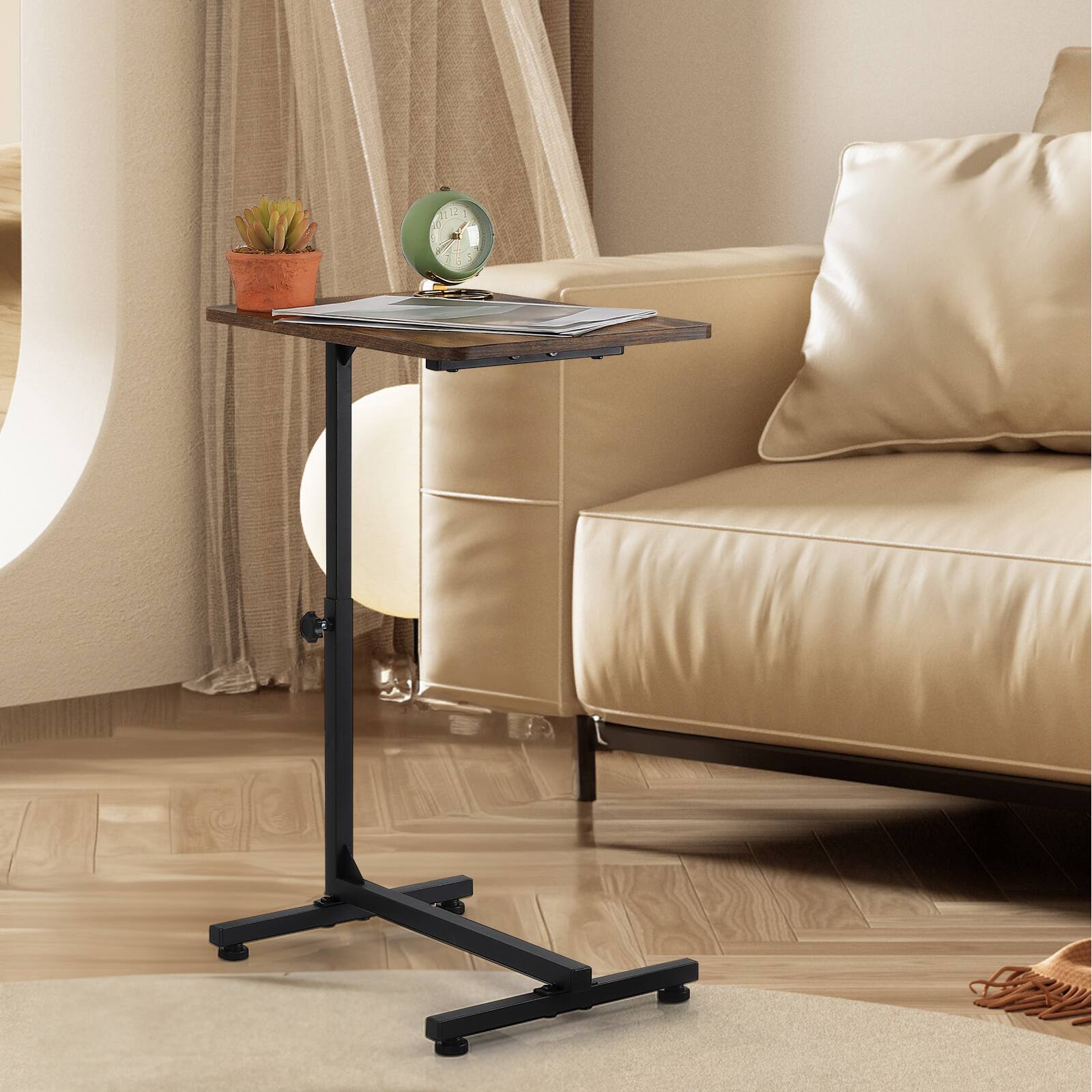 Oumilen - Adjustable C-Shaped Side Table with Rustic Wood Top - Brown