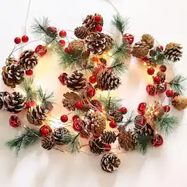PARKER SLATER - 2pcs 7ft Christmas Garland with Lights, Pinecones & Red Berries, Battery - Green