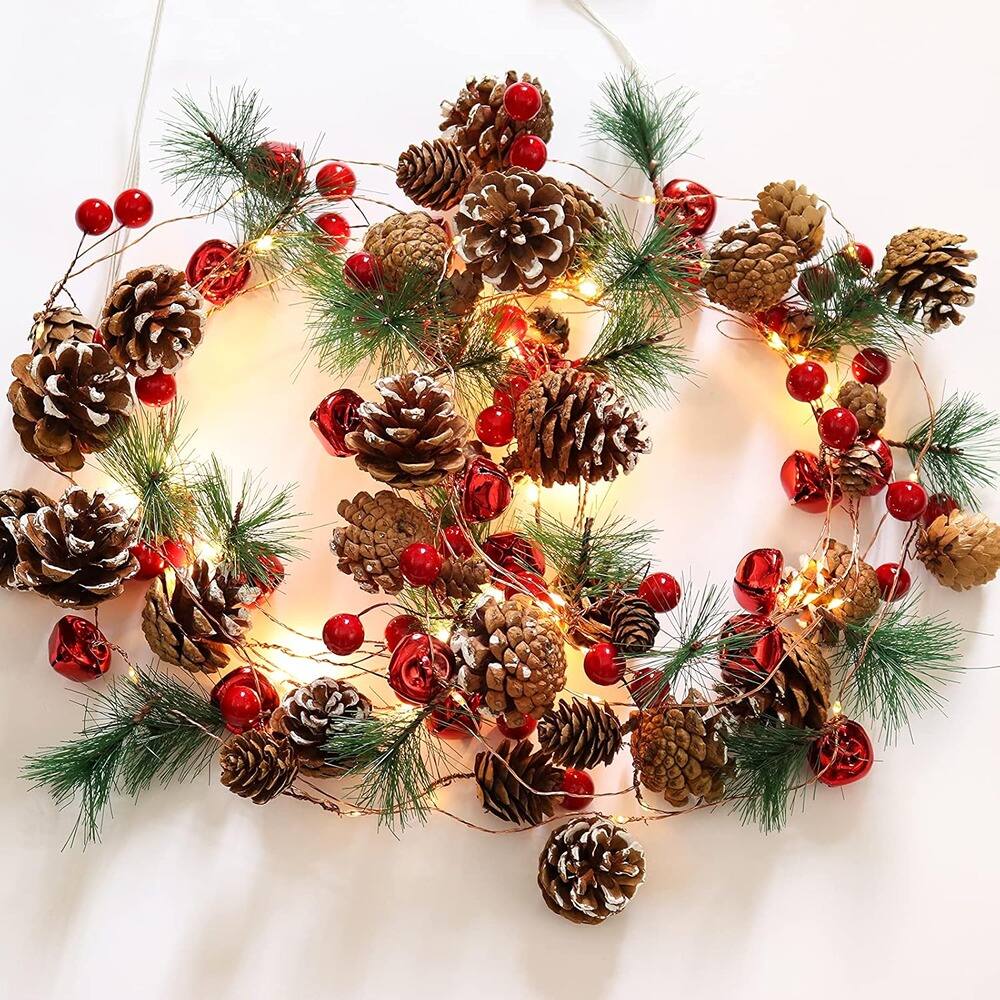Front. PARKER SLATER - 2pcs 7ft Christmas Garland with Lights, Pinecones & Red Berries, Battery - Green.