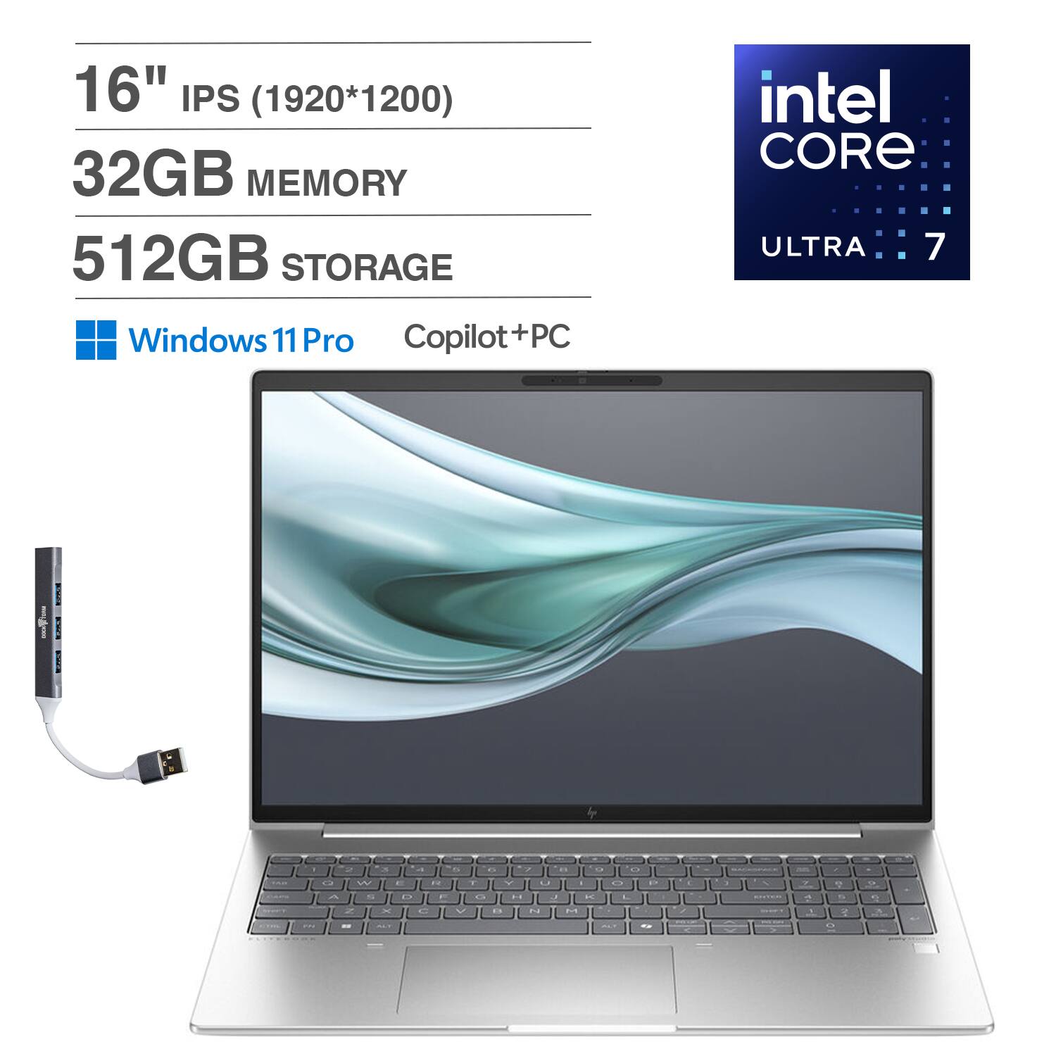 HP - EliteBook Laptop 16.0 WUXGA Display (Intel Ultra 7 165U , 32GB DDR5, 512GB PCIe SSD, Win 11 Pro) w/USB Hub - Pike Silver