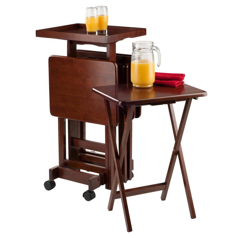 Angle. FurniFact - Walnut Solid Wood TV Tray Set – Folding Snack Tables for Dining & Work - Walnut.
