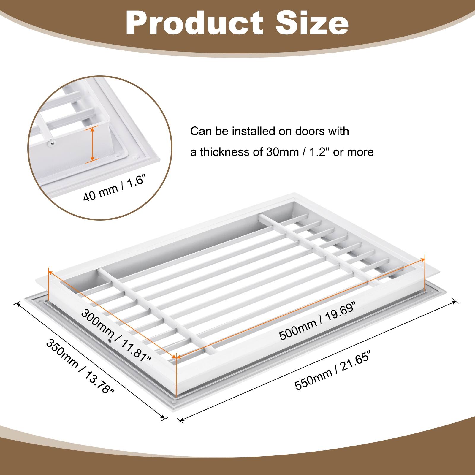 Product Size

Can be installed on doors with a thickness of 30mm / 1.2" or more

- 40 mm / 1.6"
- 300mm / 11.81"
- 350mm / 13.78"
- 500mm / 19.69"
- 550mm / 21.65"
