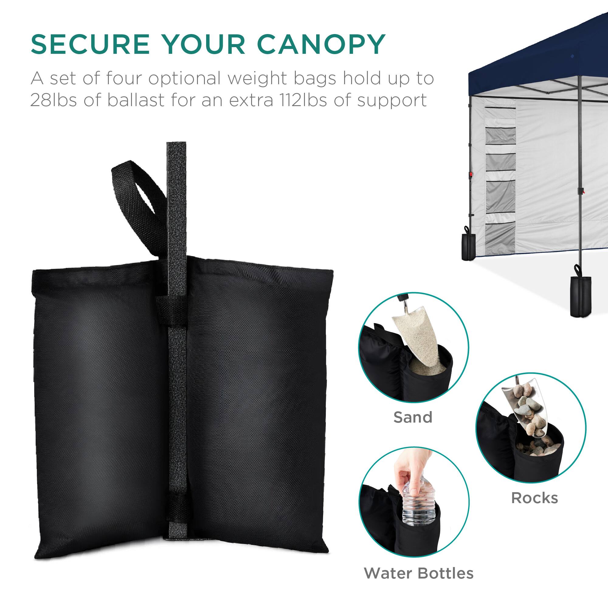 SECURE YOUR CANOPY

A set of four optional weight bags hold up to 28lbs of ballast for an extra 112lbs of support

Sand  
Rocks  
Water Bottles
