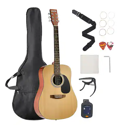 Front. VEVOR - Dreadnought Acoustic Guitar, 41 in, 6-String Natural Solid Spruce Top Guitar, Beginner Bundle with Gig Bag, Tuner, Strap - Natural Color.