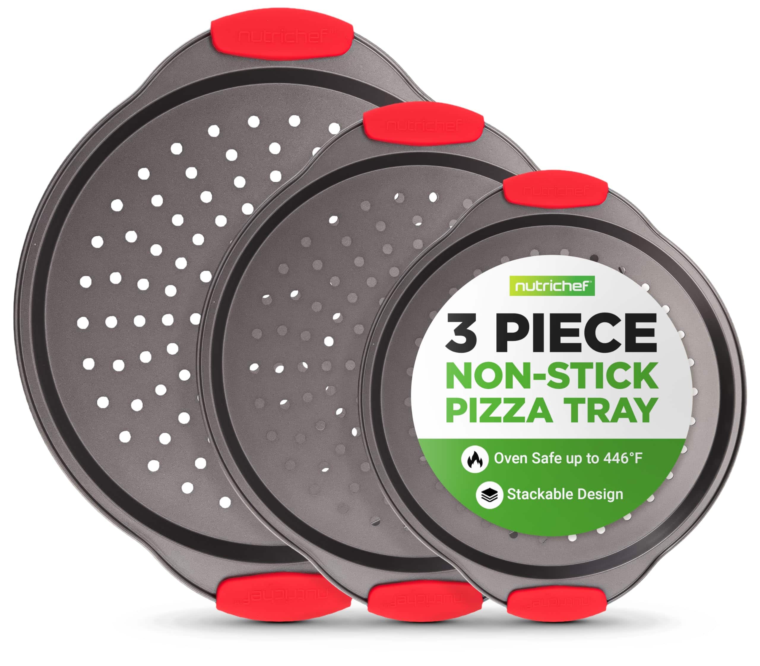 NutriChef - 3-Piece Pizza Tray Set, Nonstick with Silicone Handles, Small, Medium & Large (NCPZPN3GR)