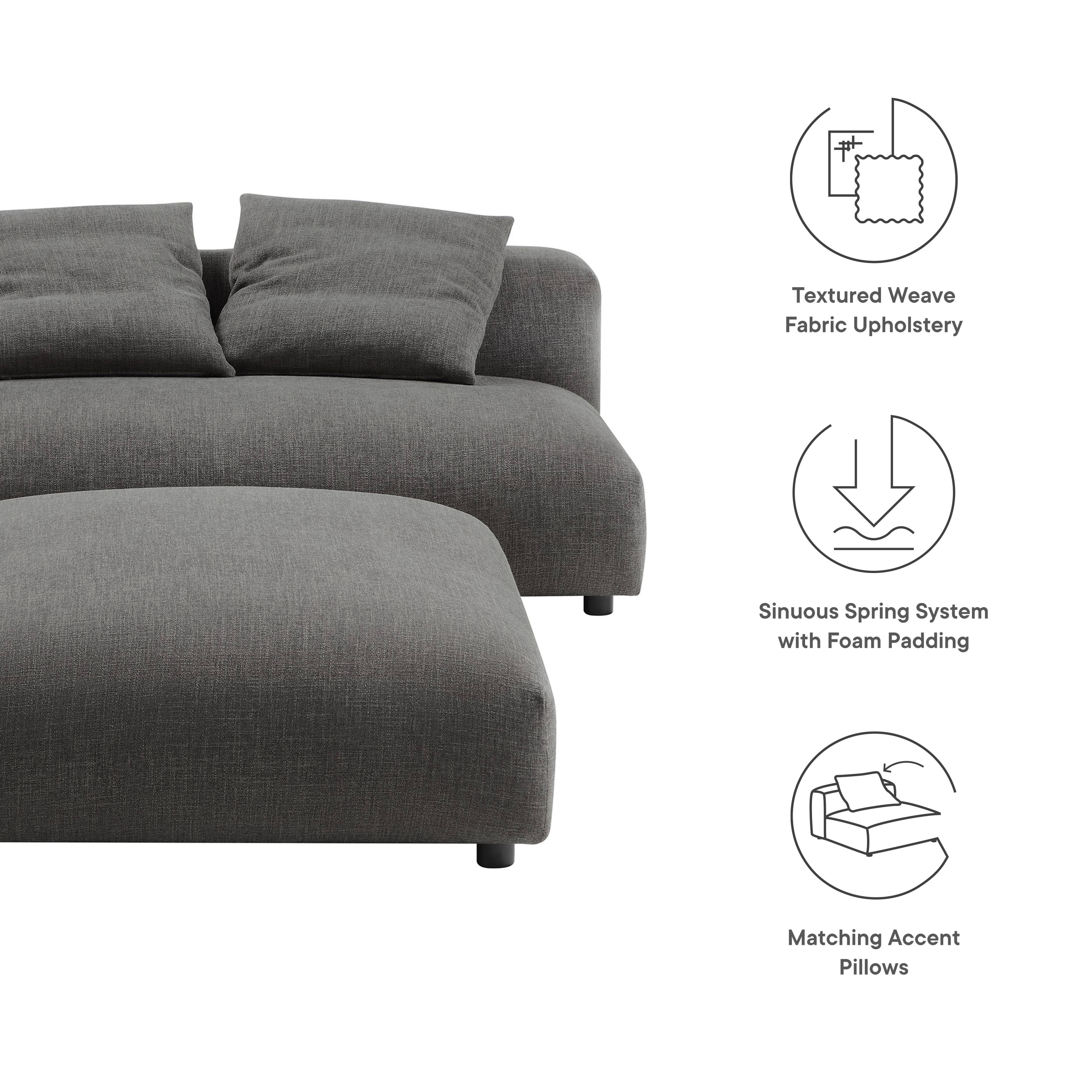 Textured Weave Fabric Upholstery, Sinuous Spring System with Foam Padding, Matching Accent Pillows