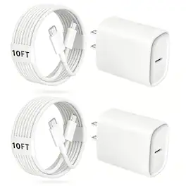 Bundle - Core Tech - 2-Pack 20W USB-C Fast Charger Blocks with 2 10 ft USB-C Cables for iPhone 18/17/16/15 - White Braided - White Braided