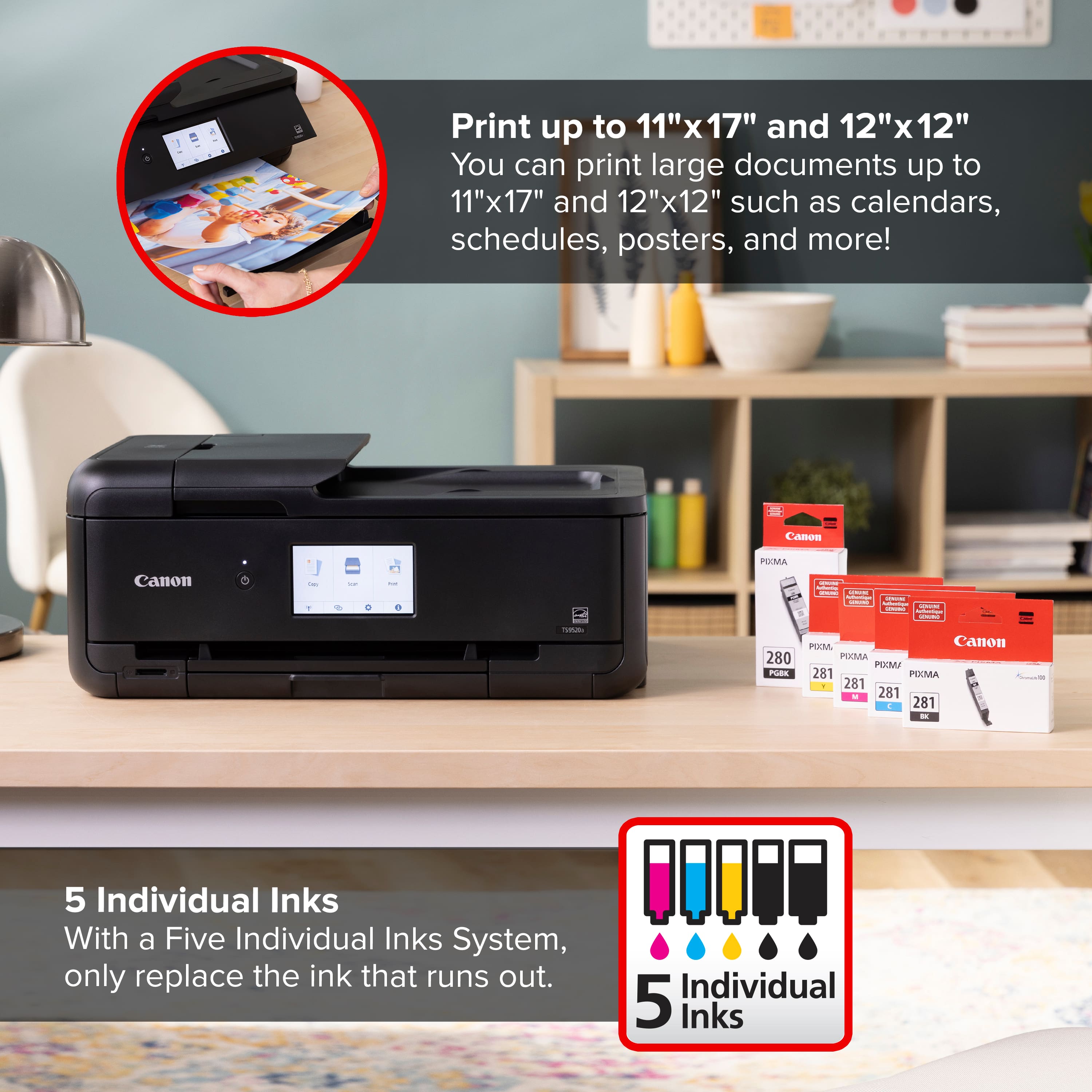 Print up to 11"x17" and 12"x12" documents with the Canon PIXMA 281 printer. The printer is capable of printing large documents such as calendars, schedules, posters, and more. The printer also comes with a five individual ink system, which means you only need to replace the ink that runs out, reducing waste and saving money.