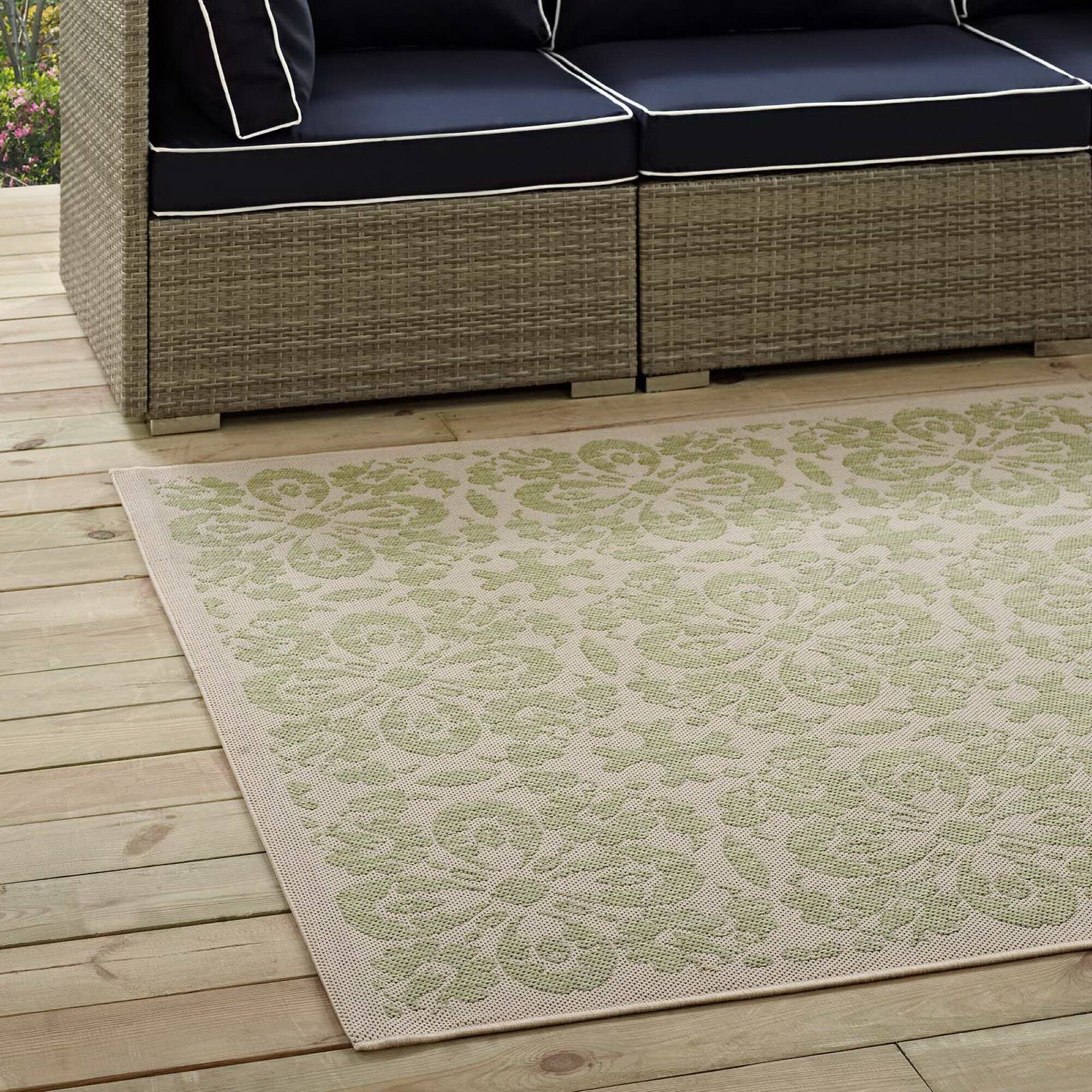 Back. Modway - Ariana Vintage Floral Trellis Indoor and Outdoor Area Rug - Light Green and Beige.