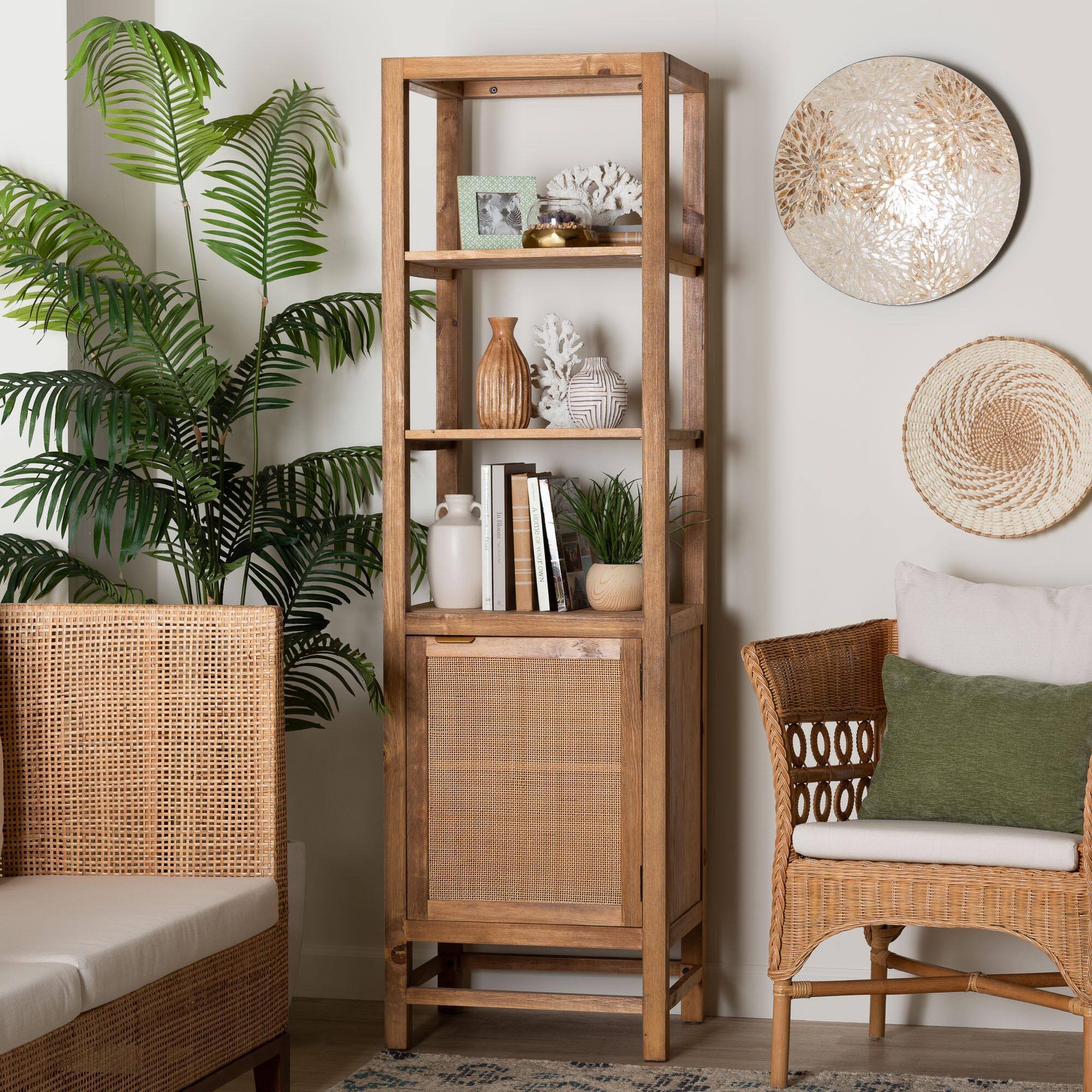 Alt View 6. bali & pari - bali & pari Sibu Storage Cabinet with Rattan Door - Tall Accent Display Tower with Open Shelves and Cabinet - Natural.