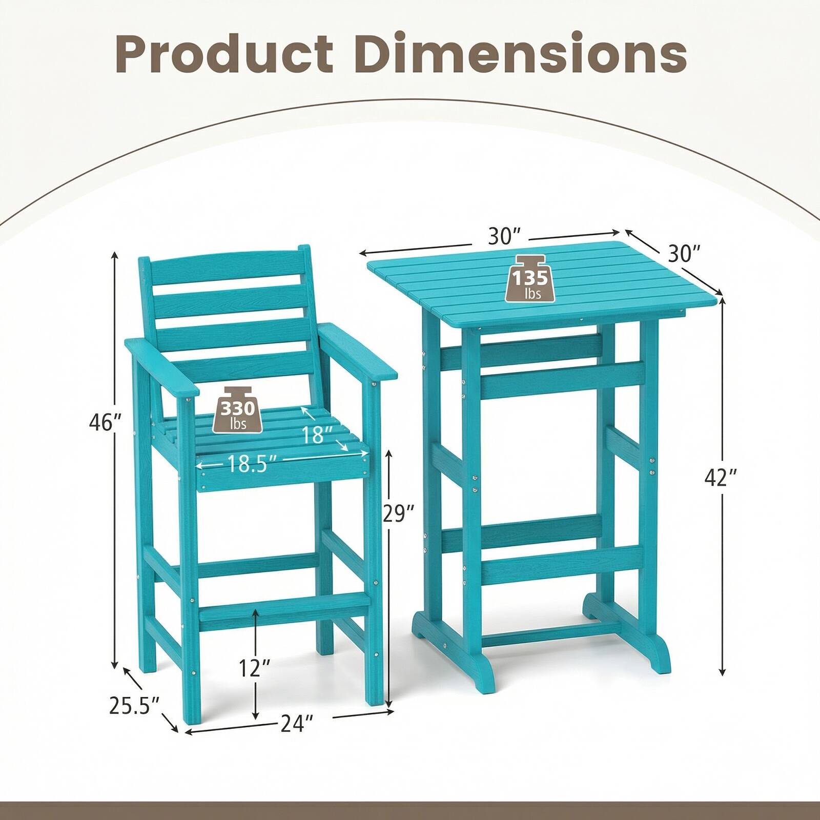 Product Dimensions:  
- Table: 30" W x 30" D x 42" H, 135 lbs capacity  
- Chair: 18.5" W x 25.5" D x 46" H, 330 lbs capacity
