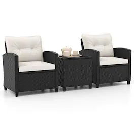 Costway - 3 PCS Patio Furniture Set with Tempered Glass Coffee Table Washable Cushions - Off White,Black