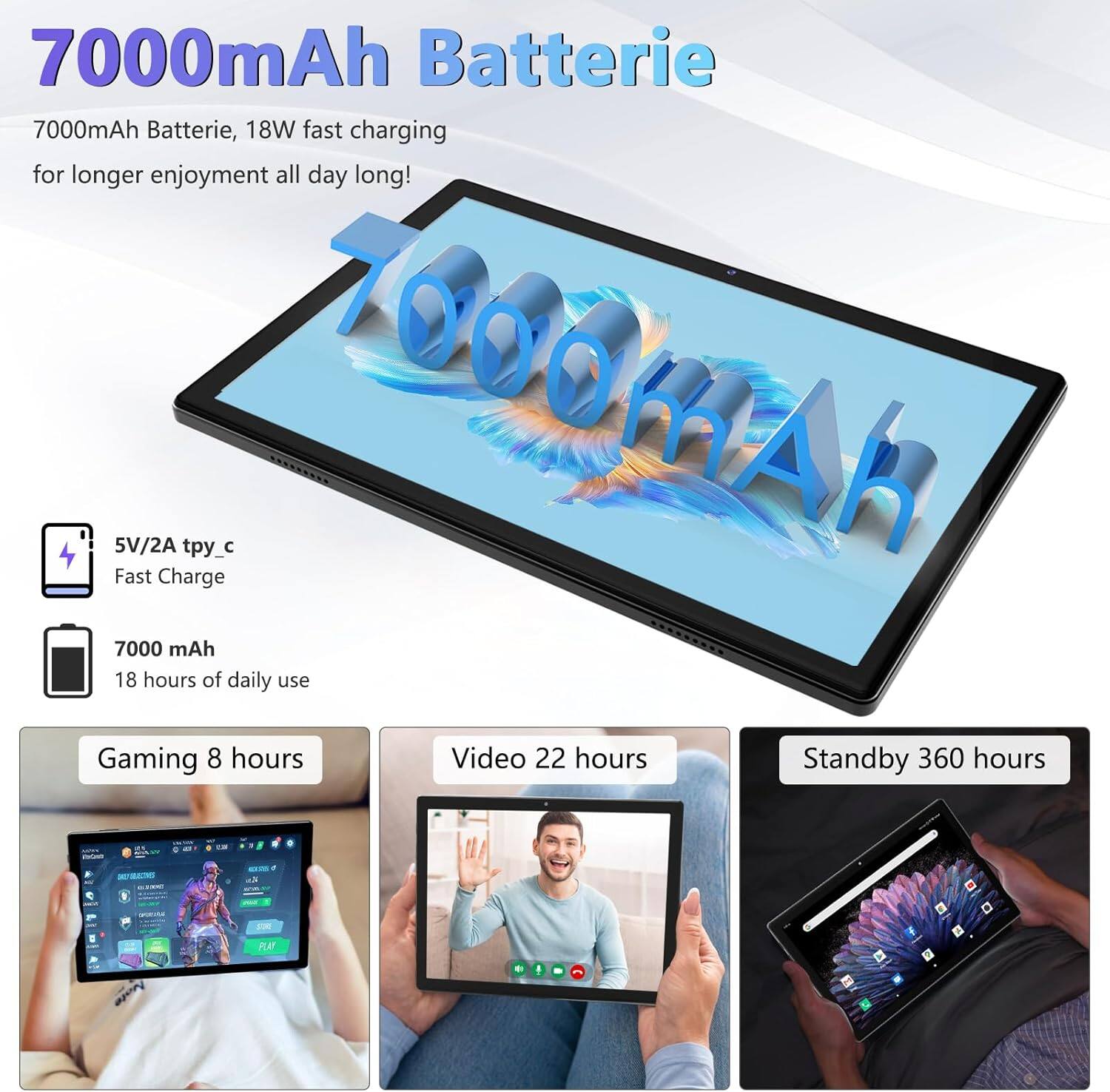 7000mAh Batterie

7000mAh Batterie, 18W fast charging for longer enjoyment all day long!

5V/2A tpy_c Fast Charge

7000 mAh

18 hours of daily use

Gaming 8 hours

Video 22 hours

Standby 360 hours