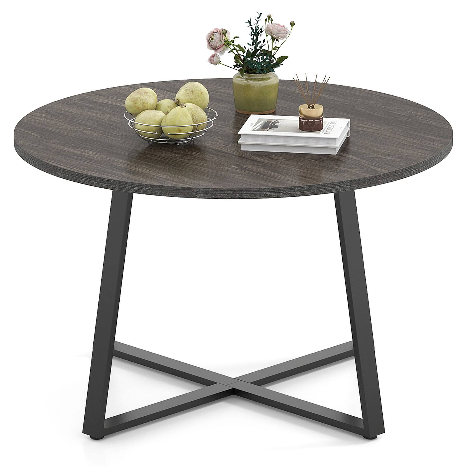 Front. Gymax - Gymax 47'' Round Dining Table w/Metal Pedestal Base Stable X-shaped Base for Kitchen Gray & Oak - Grey.