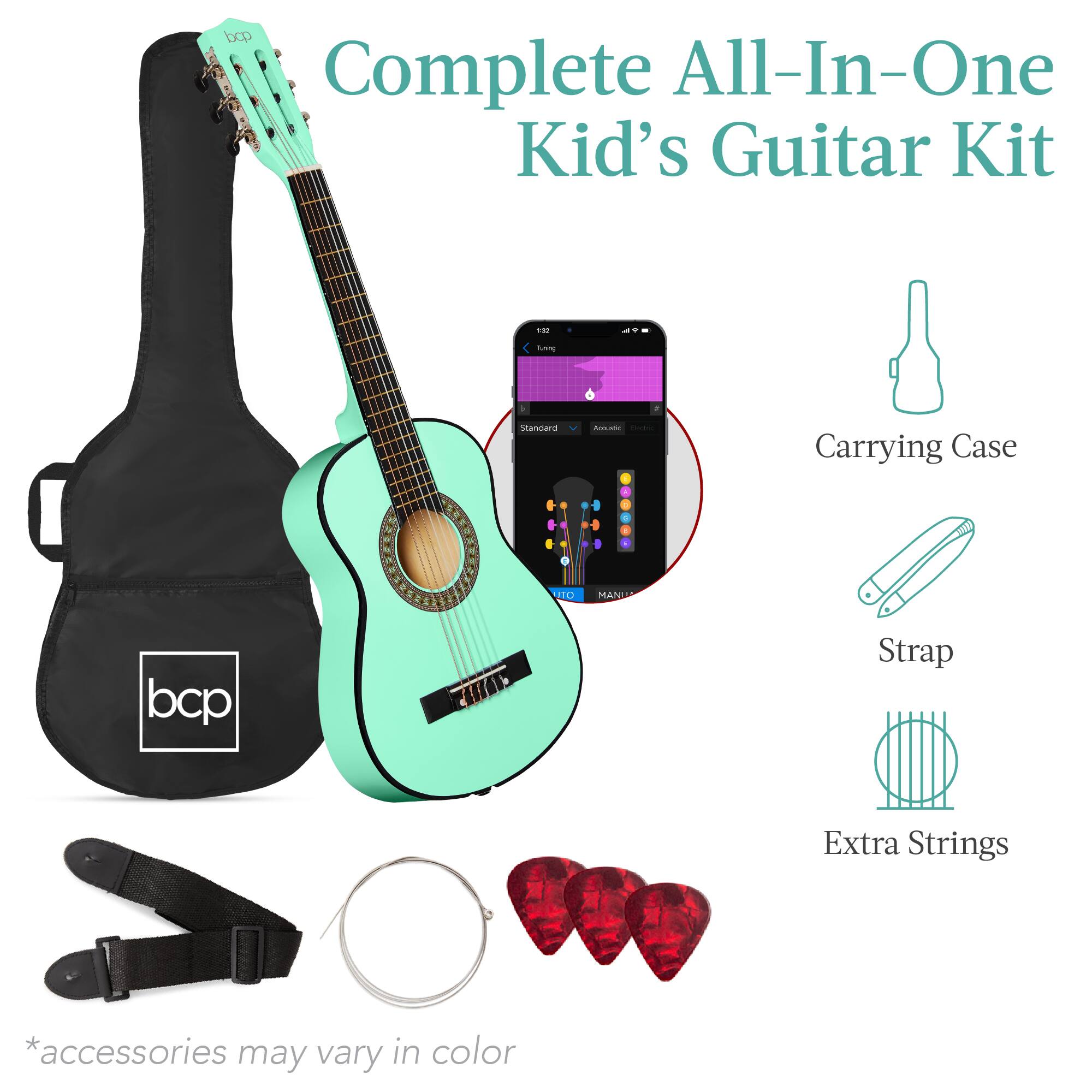 Complete All-In-One Kid's Guitar Kit

- bcp Complete All-In-One Kid's Guitar Kit
- furg standard Ammuate ee Carrying Case
- 10 MANUI
- bcp Strap Extra Strings
- *accessories may vary in color

Carrying Case
Strap
Extra Strings