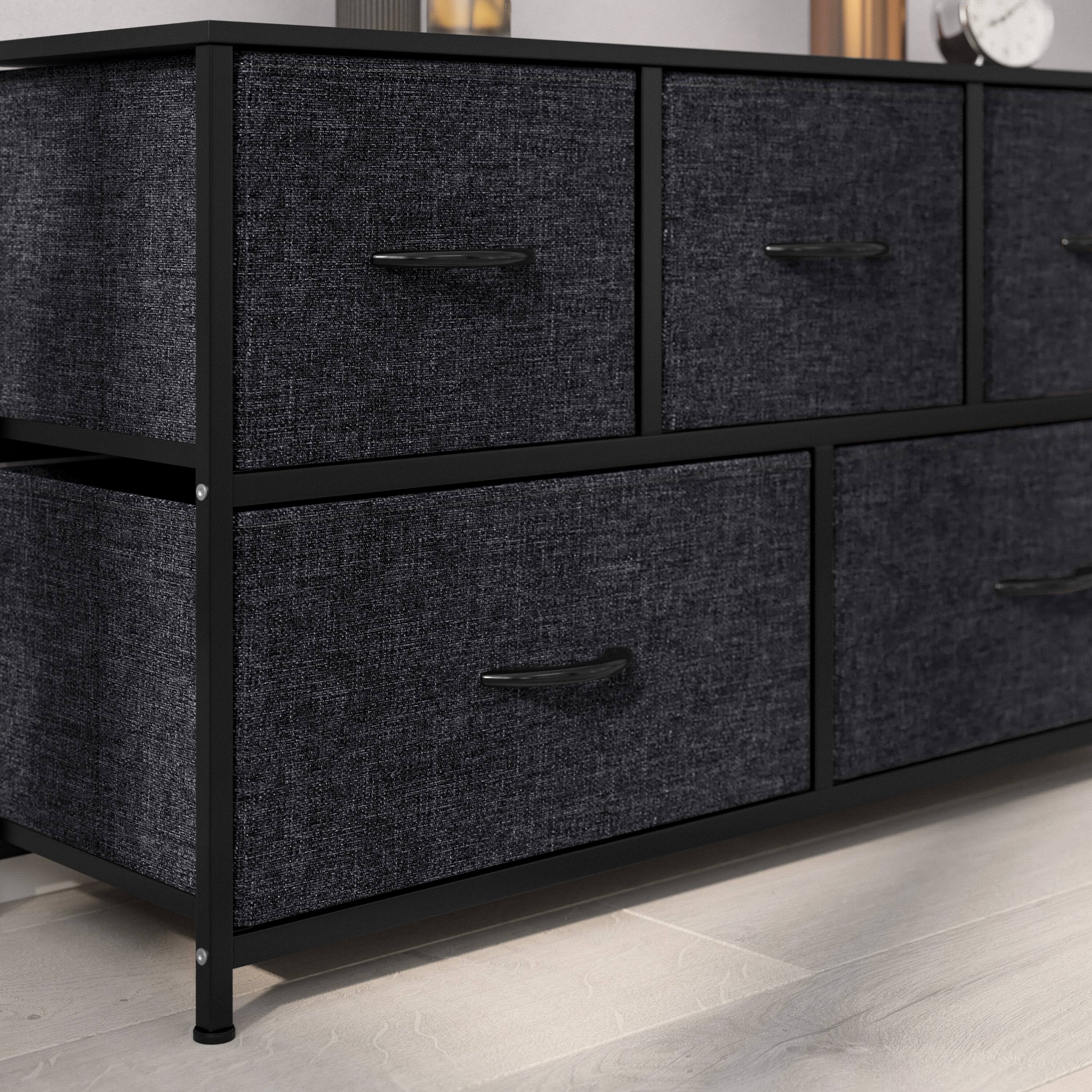 Alt View 4. Emma + Oliver - Marley 5 Drawer Storage Dresser with Cast Iron Frame, Wood Top and Easy Pull Fabric Drawers with Wooden Handles - Black Drawers/Black Frame.