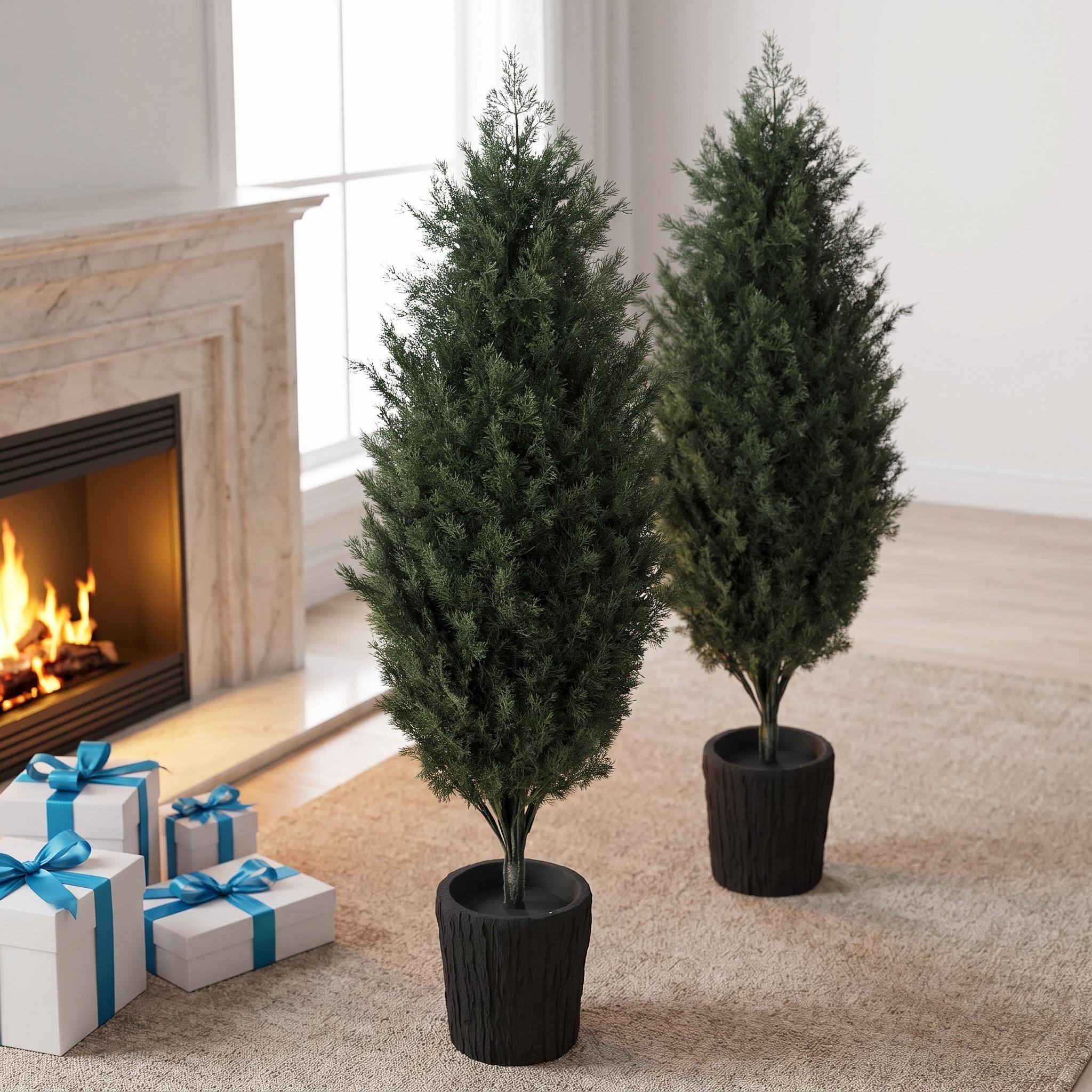 Alt View 6. Forest'nSky - 2-Pack 4 ft. Artificial Cedar Christmas Trees, UV Resistant, Potted Faux Evergreens with 291 PE Branch Tips - Green.