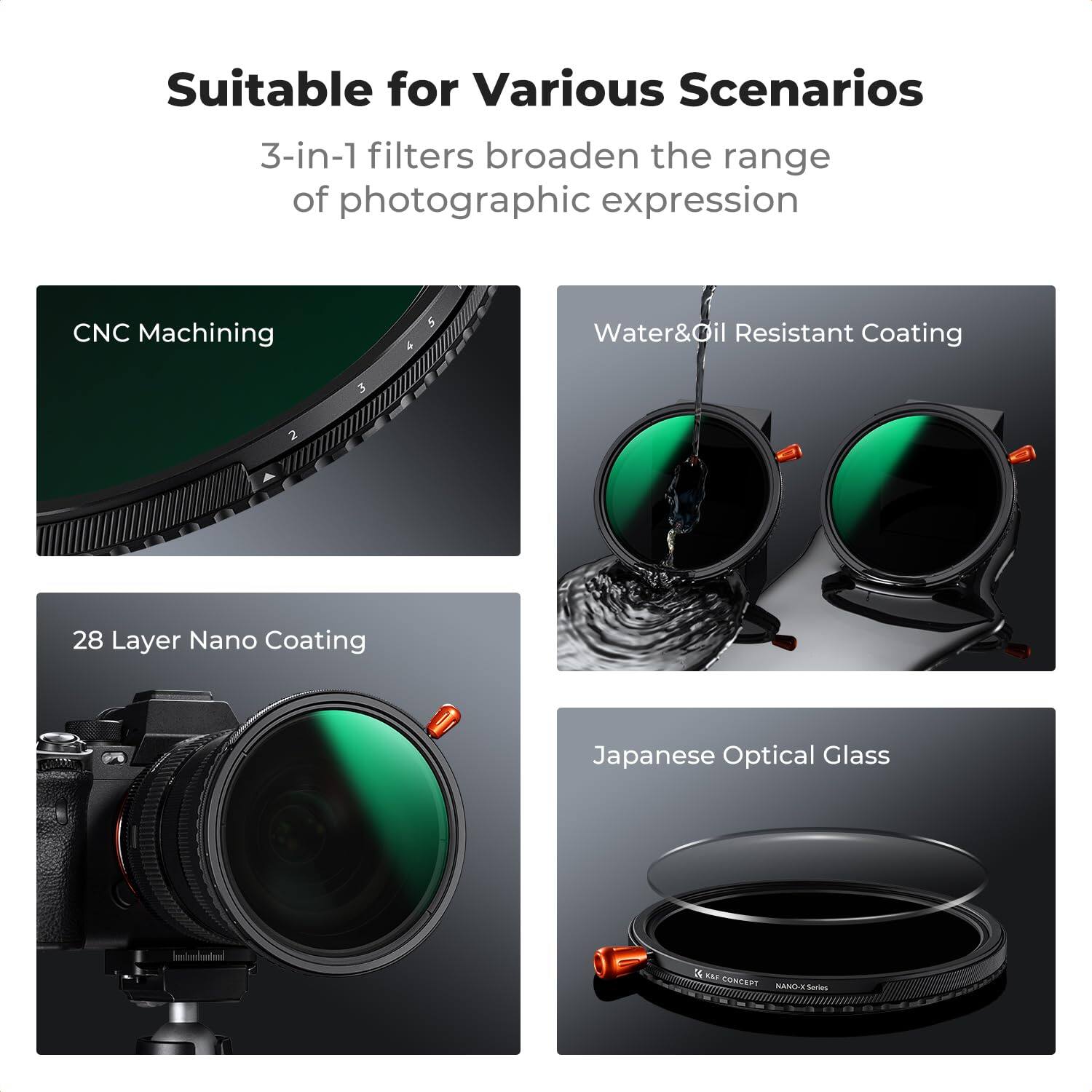Suitable for Various Scenarios  
3-in-1 filters broaden the range of photographic expression

- CNC Machining
- Water & Oil Resistant Coating
- 28 Layer Nano Coating
- Japanese Optical Glass  
  & K&F CONCEPT NANO-X Series
