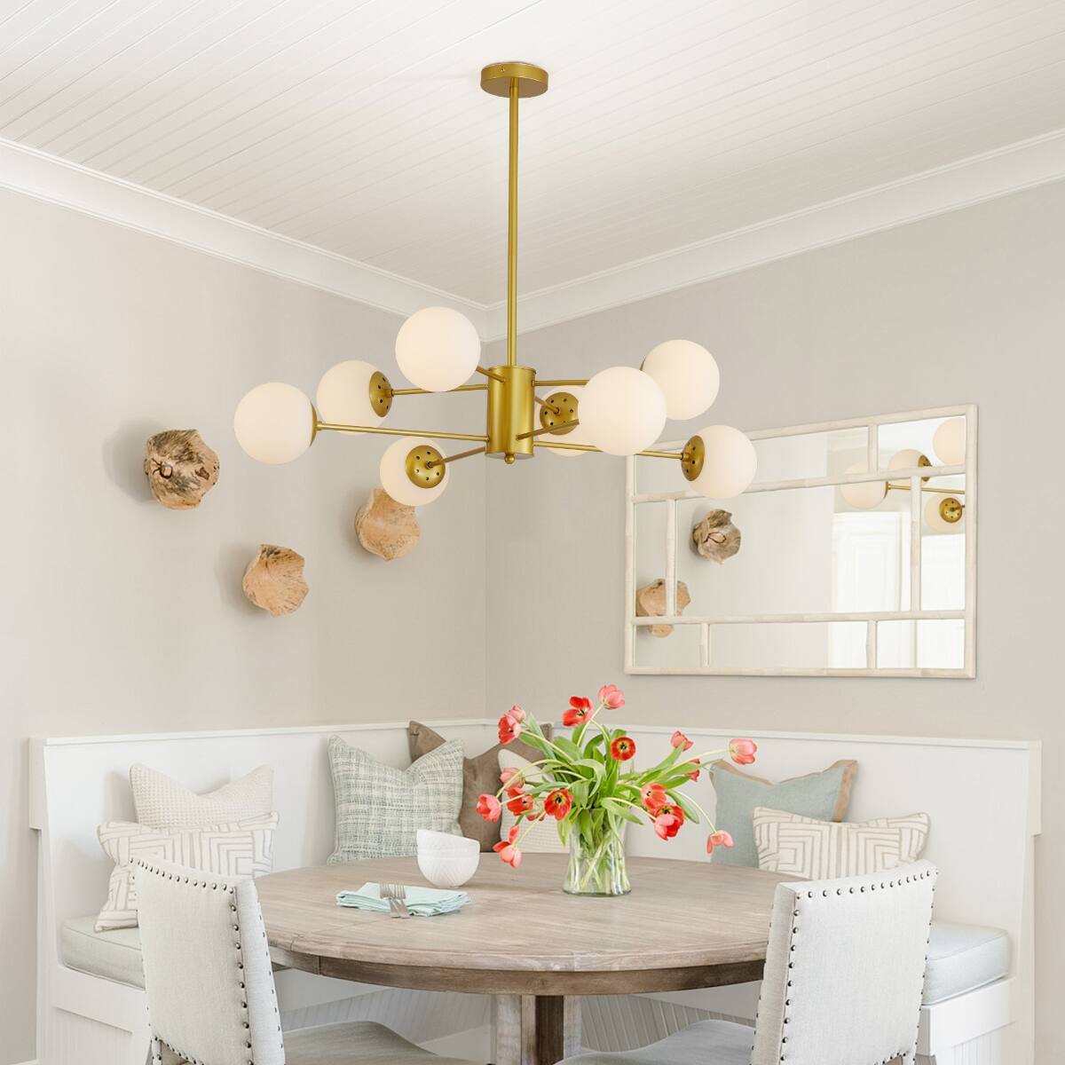 Alt View 2. Loheer - Loheer 35 Inch Gold Chandelier, Eight Light Mid Century Branching Ceiling Fixture with White Glass Globe Shades.