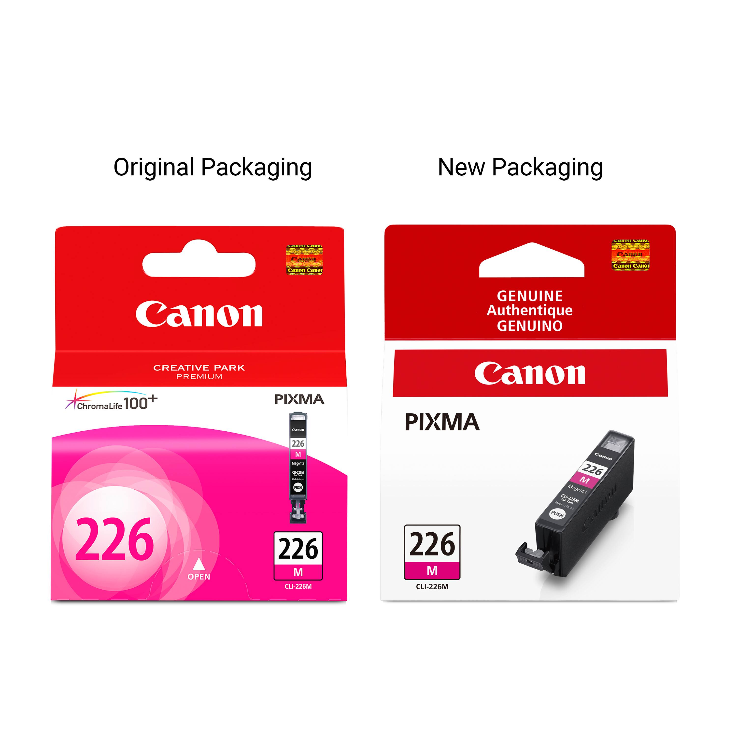 Original Packaging  
New Packaging  
Salva LIVA  
LIMPO CLUPS  
Casse  
Anon  
Canon CARGE  
Canes CARRIE  
Canon  
GENUINE Authentique GENUINO  
CREATIVE PARK PREMIUM ChromaLife 100+ 226 OPEN  
PIXMA Comm 226 M Hogertal app milk 226 M CLI-226M  
Canon PIXMA Calcono 226 M Magenta Tate THM PUSH 226 M CLI-226M