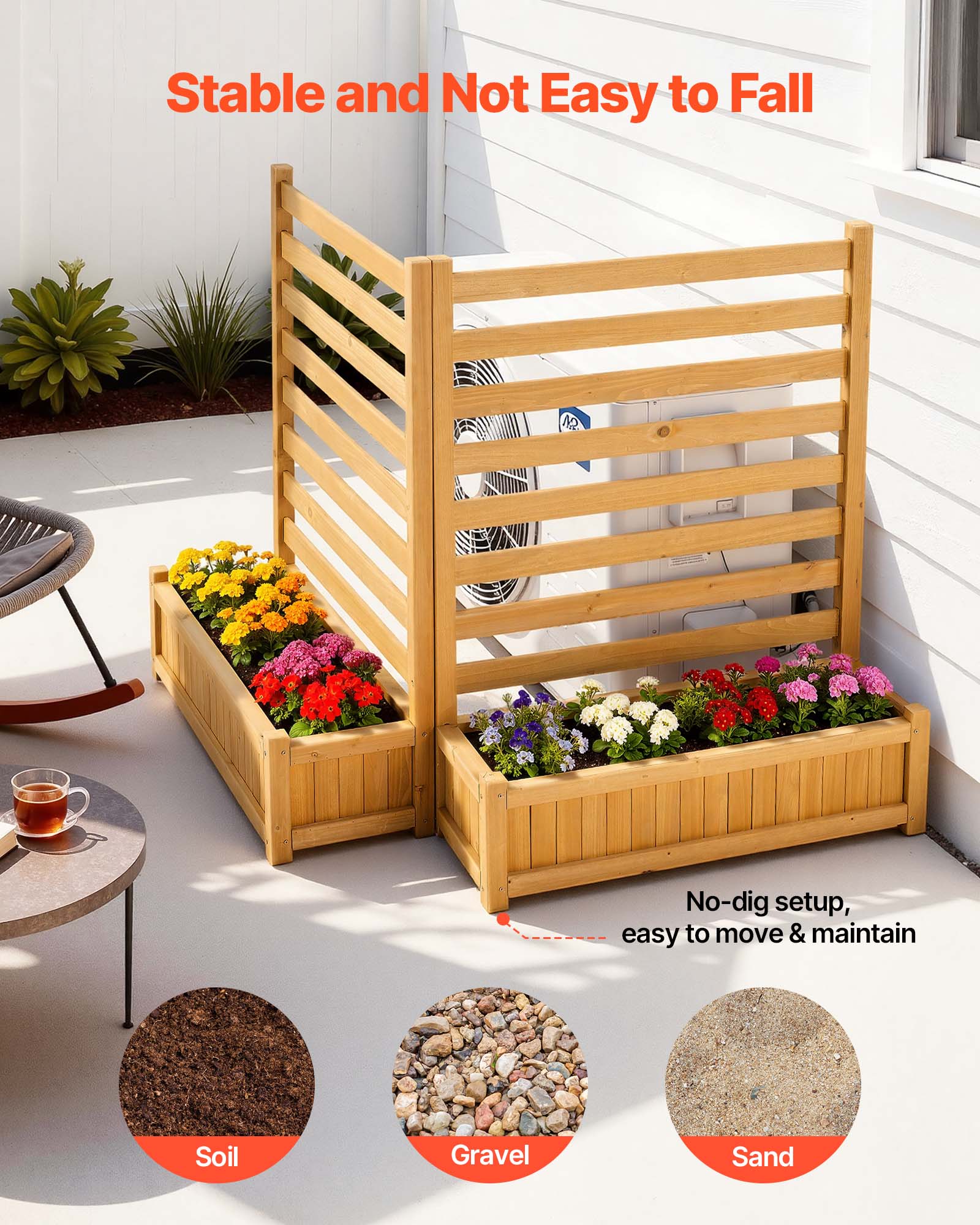 Stable and Not Easy to Fall

No-dig setup, easy to move & maintain

Soil  
Gravel  
Sand