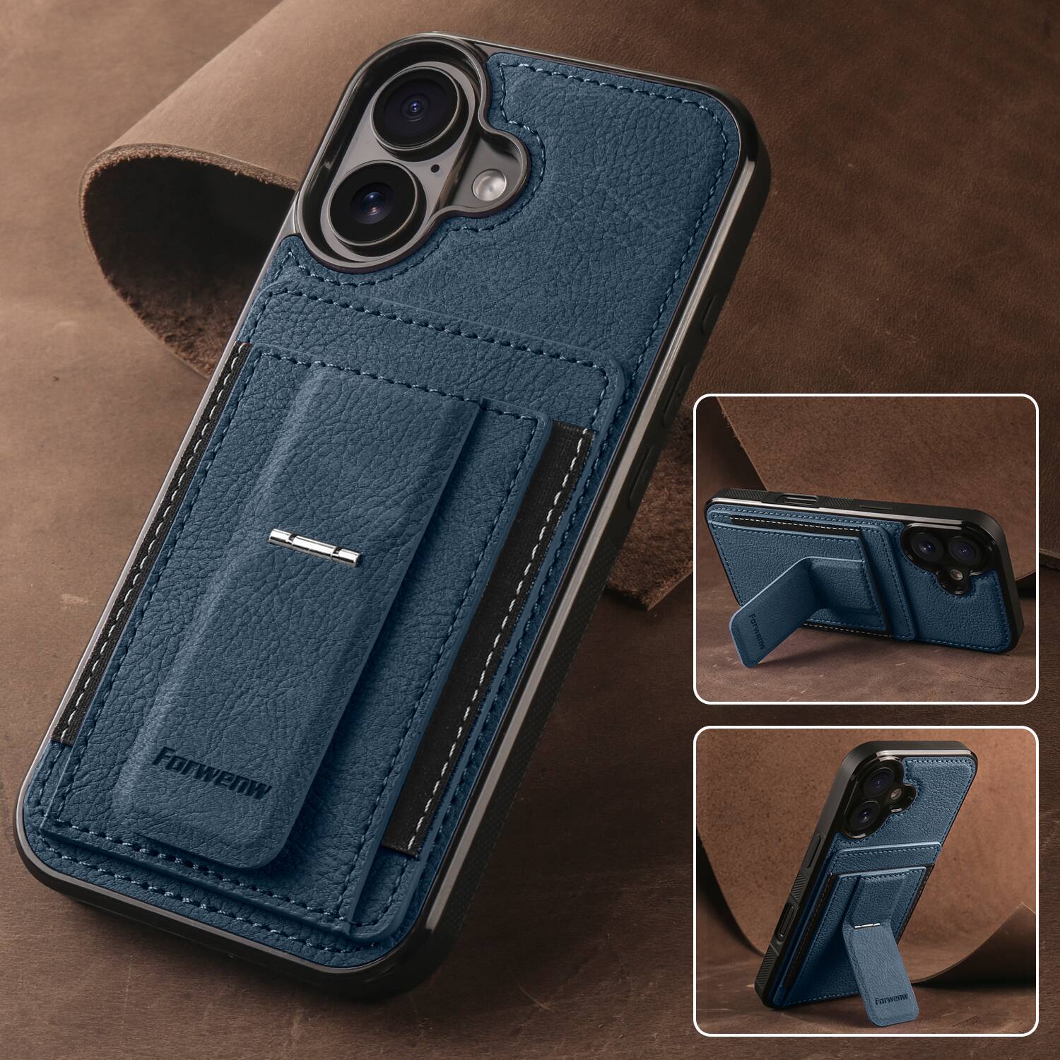 Alt View 3. Dteck - Slim Card Holder Case for Apple Apple iPhone 16, Shockproof Wallet Protective Cover with Kickstand - Blue.