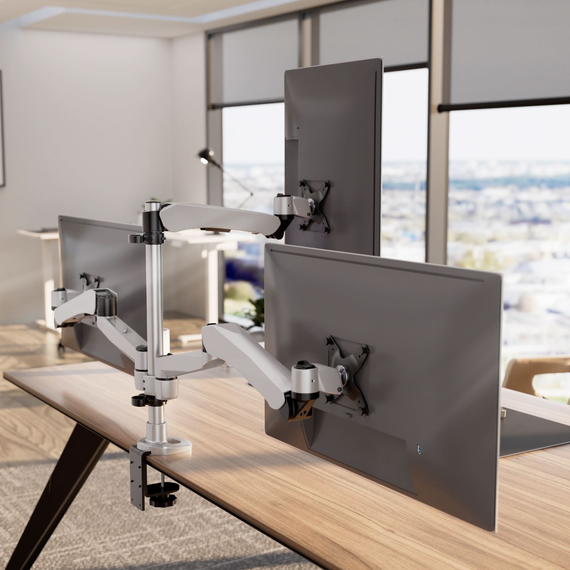 Alt View 1. Mount-It! - CLiX Series Articulating Triple Pyramid Monitor Desk Mount – Full Motion Stand for Three Screens, Height Adjustable - Silver.