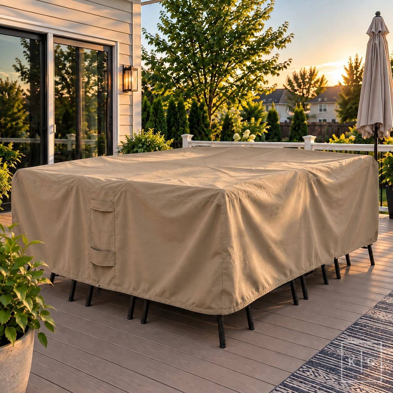 Alt View 1. KHOMO GEAR - Patio Furniture Cover Waterproof, Rectangular Outdoor Table and Chair Set Cover, Fits 6-8 Chairs - 128"L x 82"W x 25"H - Brown.