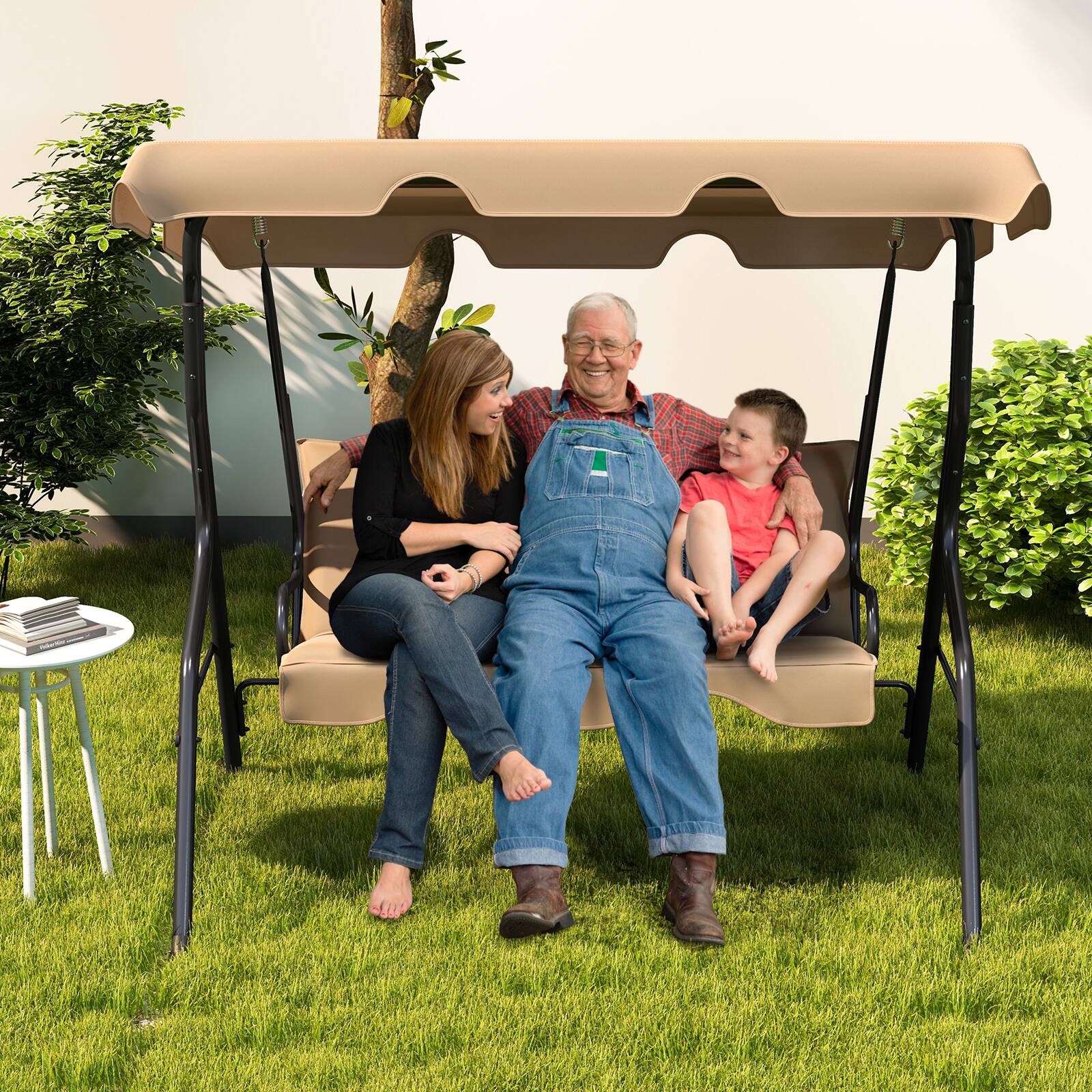 Alt View 3. Costway - Patio 3 Seats Canopy Swing Glider Hammock Steel Frame Cushioned Backyard - Beige.