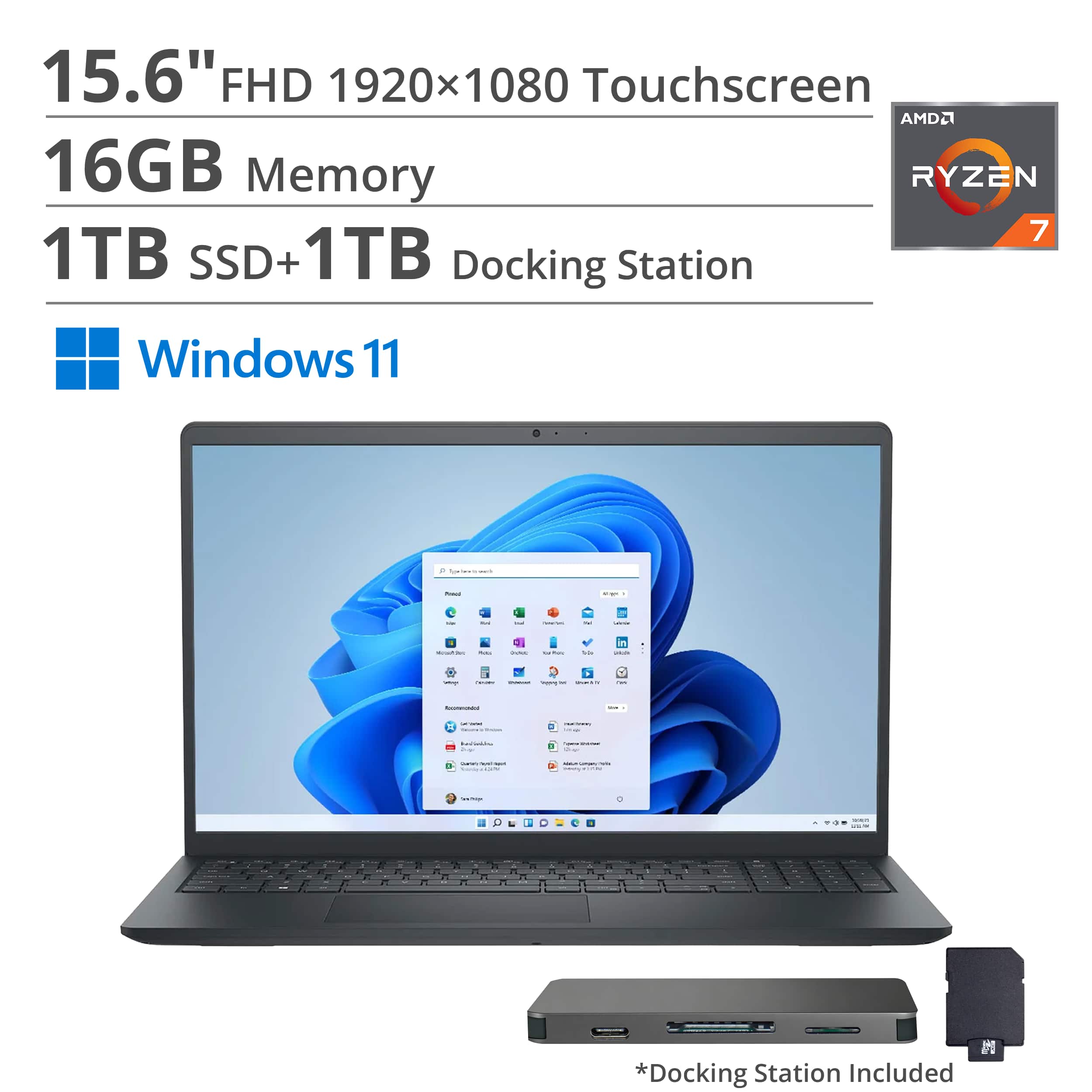 Dell - Inspiron - 15.6" 2K Touchscreen Laptop - AMD Ryzen 7 7730U 2023 - 16GB Memory - 1TB Storage - Carbon Black