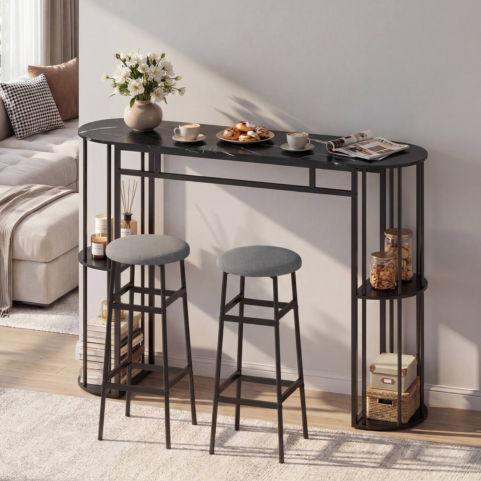 Alt View 3. Gymax - Gymax 3 Pieces 60'' Bar Table Set for 2 w/ Faux Marble Tabletop & Storage Shelves - Black.