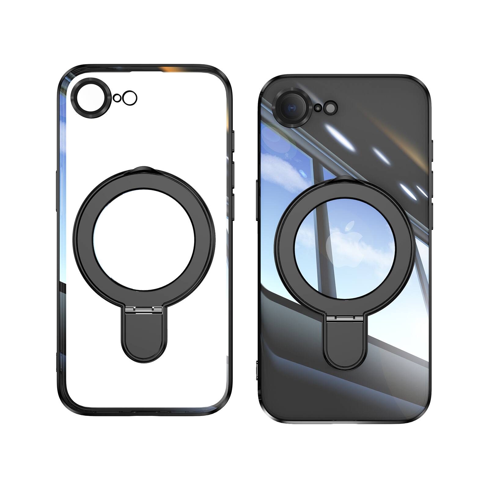 Angle. Dteck - Clear Mag Safe Case for Apple iPhone 17e / 16e,Transparent Back Plated Bumper Shockproof Metal Stand Cover + Lens Film - Black.