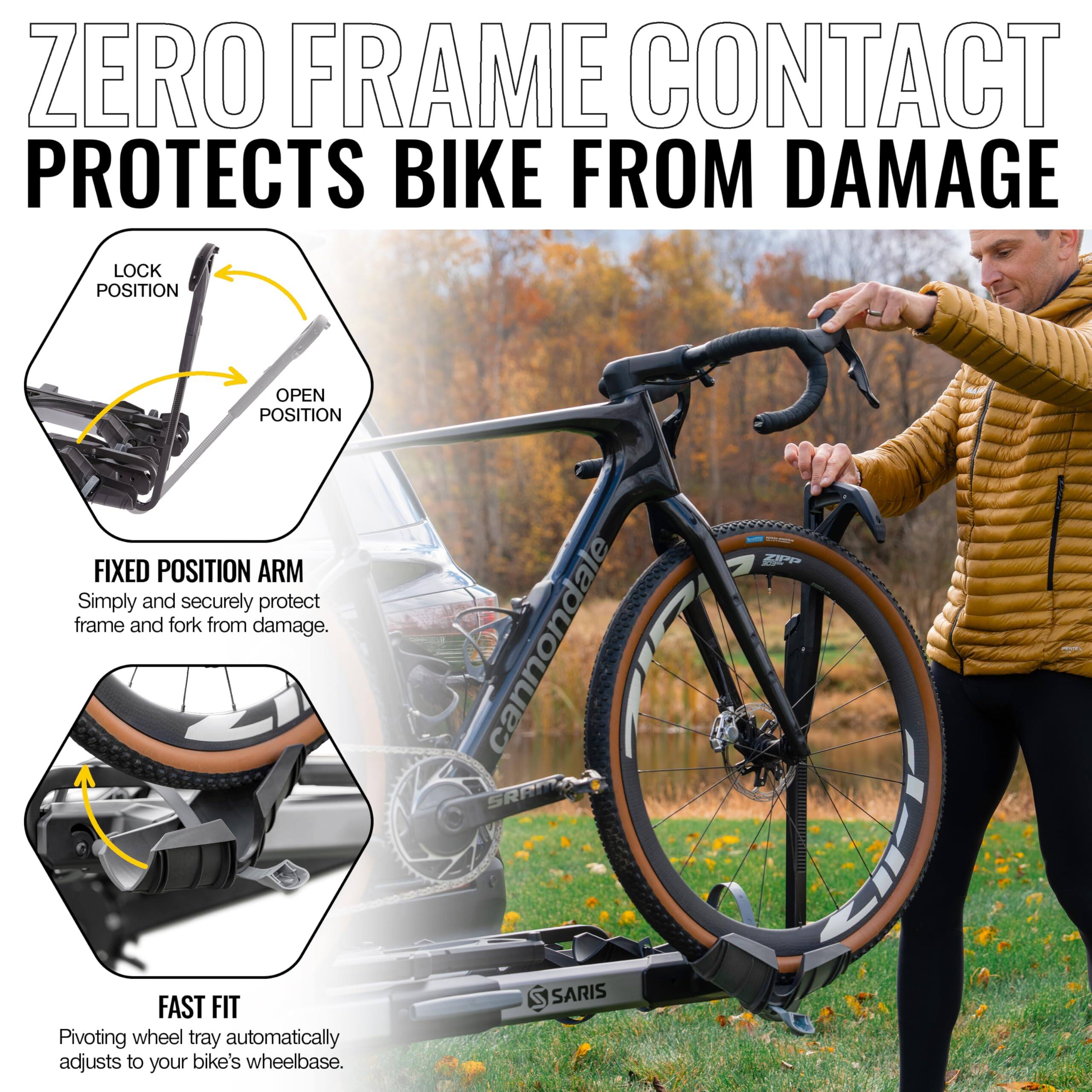 ZERO FRAME CONTACT PROTECTS BIKE FROM DAMAGE

LOCK POSITION  
OPEN POSITION  
FIXED POSITION ARM  
Simply and securely protect frame and fork from damage.

FAST FIT  
Pivoting wheel tray automatically adjusts to your bike's wheelbase.

cannondale  
SRAI  
SARIS