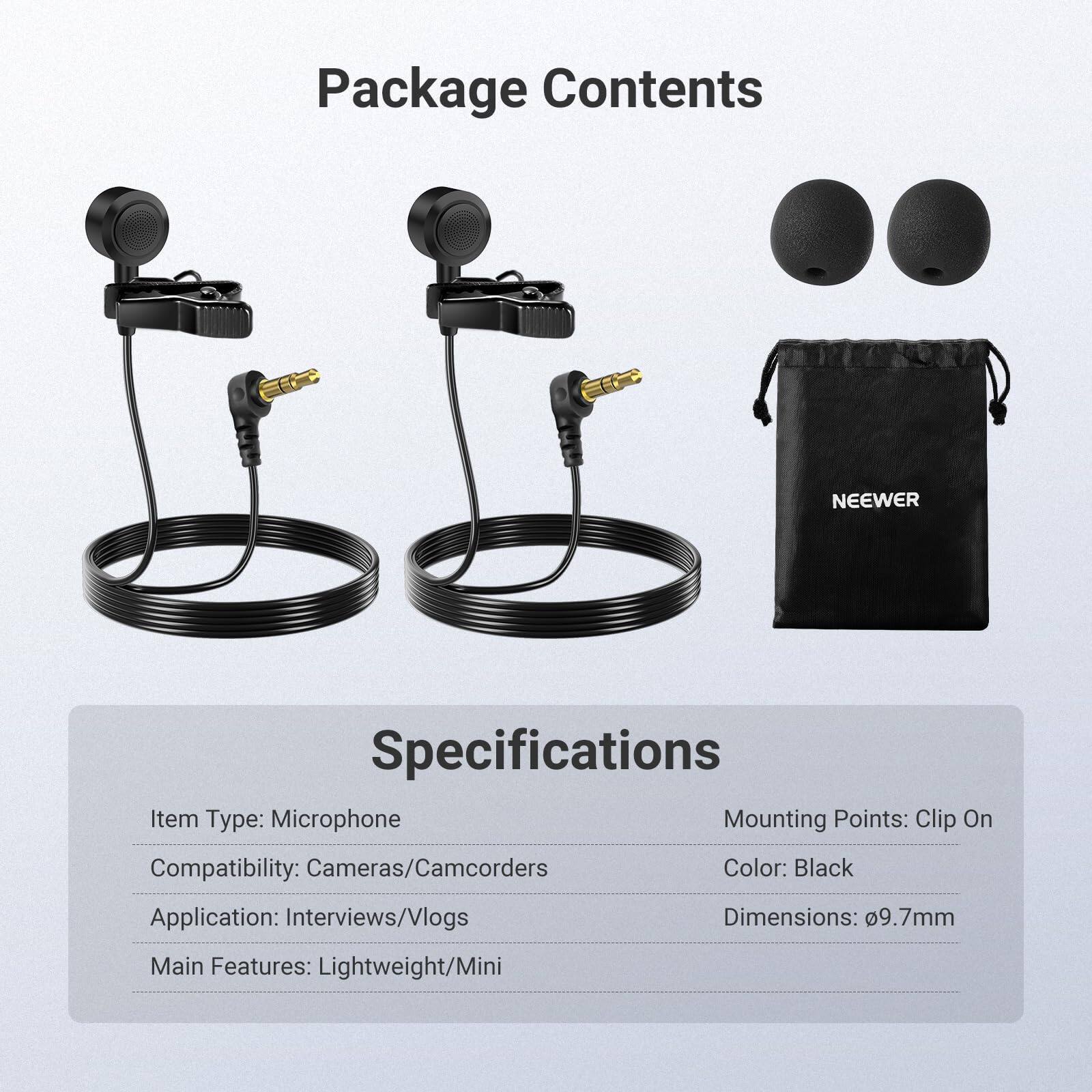 Package Contents

Specifications

- Item Type: Microphone
- Mounting Points: Clip On
- Compatibility: Cameras/Camcorders
- Color: Black
- Application: Interviews/Vlogs
- Main Features: Lightweight/Mini
- Dimensions: Ø9.7mm