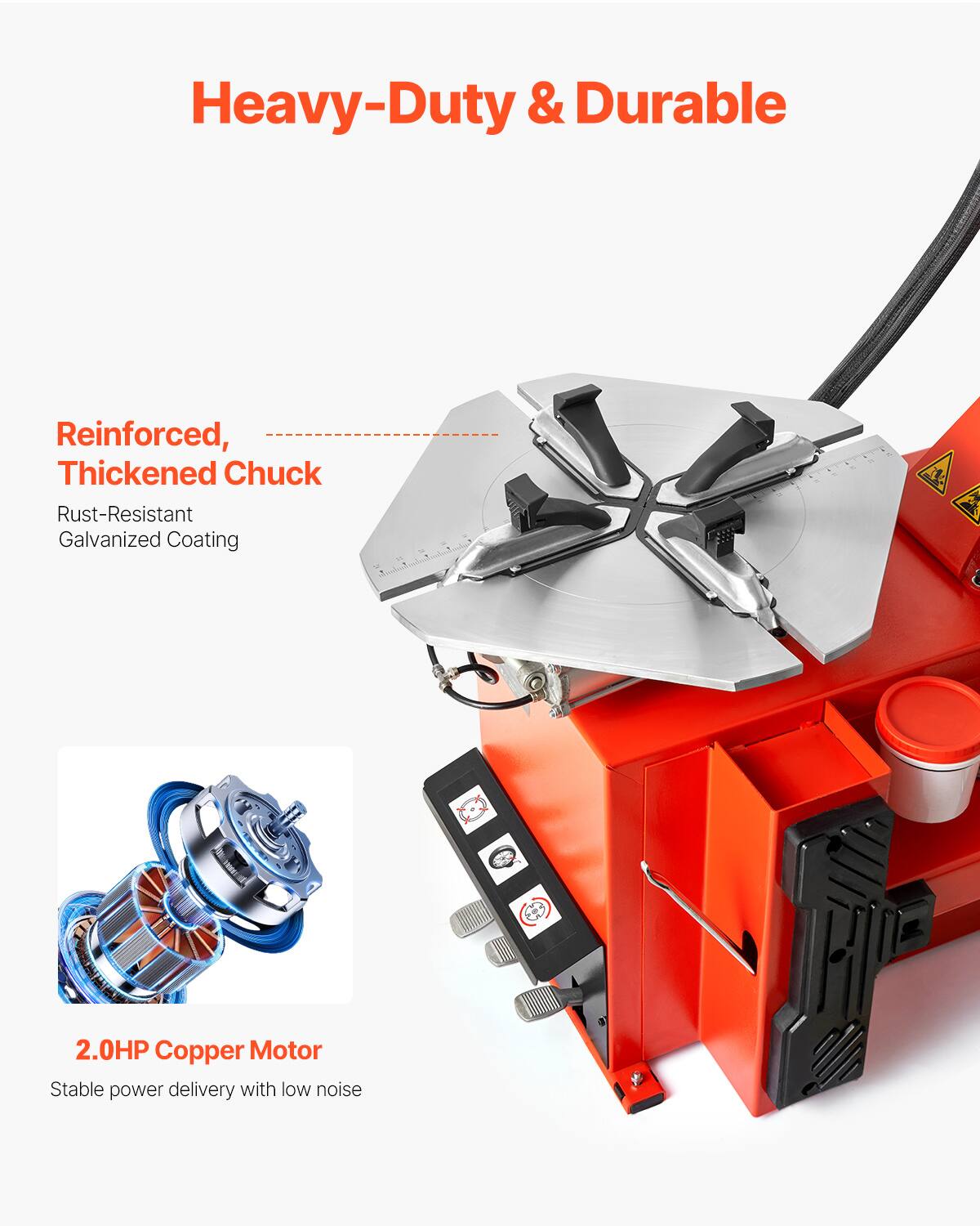 Heavy-Duty & Durable  
Reinforced, Thickened Chuck  
Rust-Resistant Galvanized Coating  
2.0HP Copper Motor  
Stable power delivery with low noise