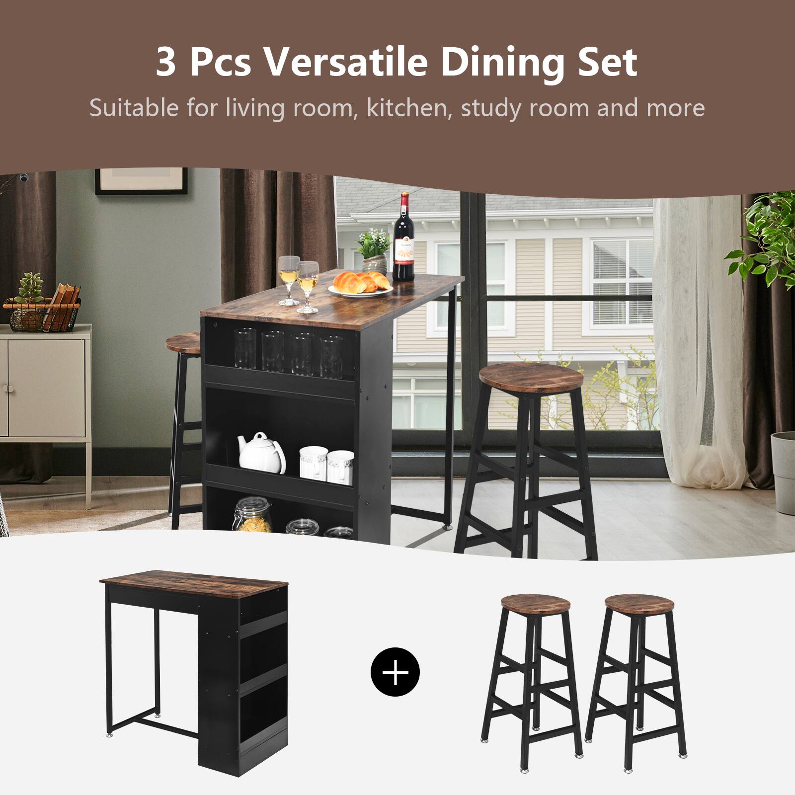 3 Pcs Versatile Dining Set Suitable for living room, kitchen, study room and more +