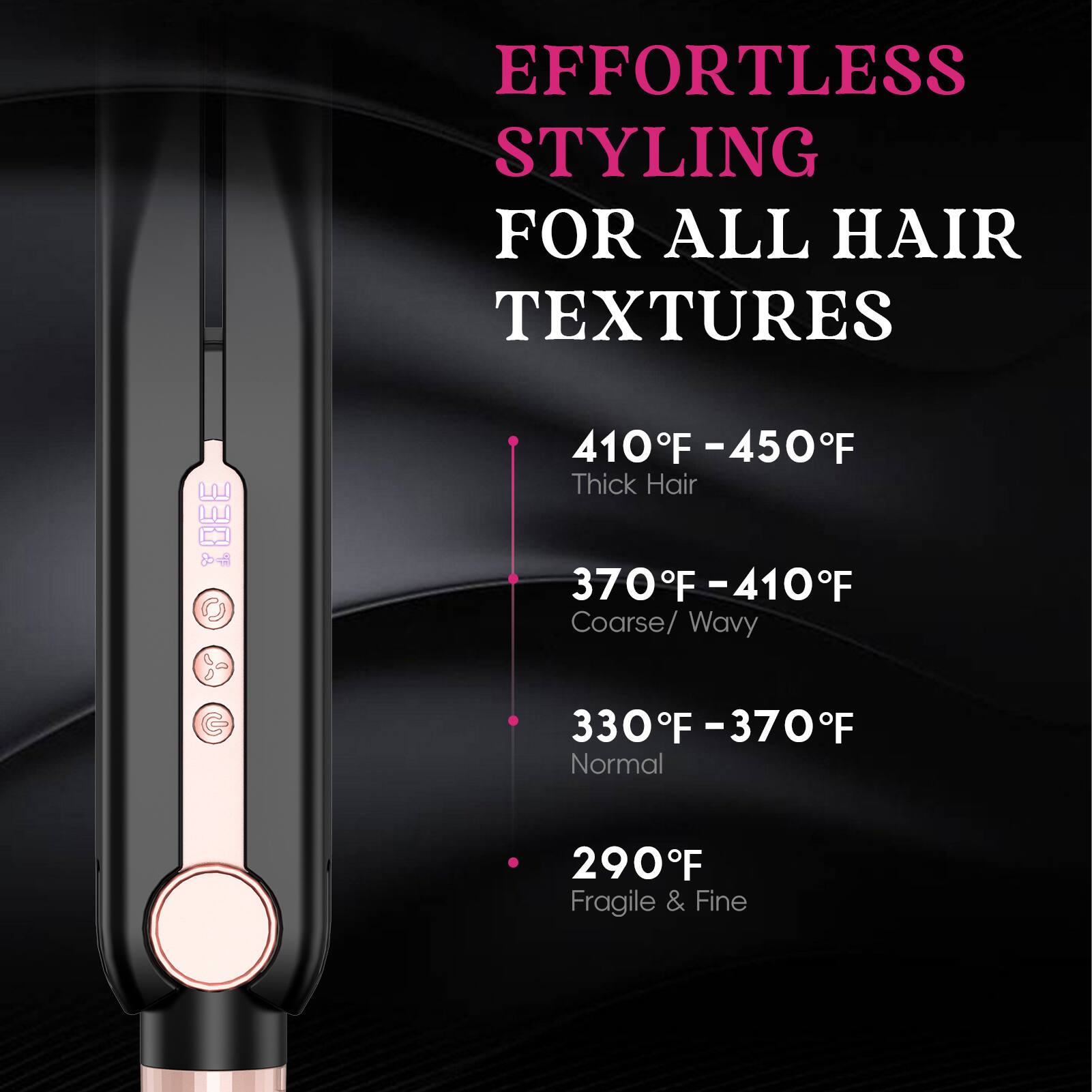 EFFORTLESS STYLING FOR ALL HAIR TEXTURES

410°F - 450°F  
Thick Hair

370°F - 410°F  
Coarse/Wavy

330°F - 370°F  
Normal

290°F  
Fragile & Fine