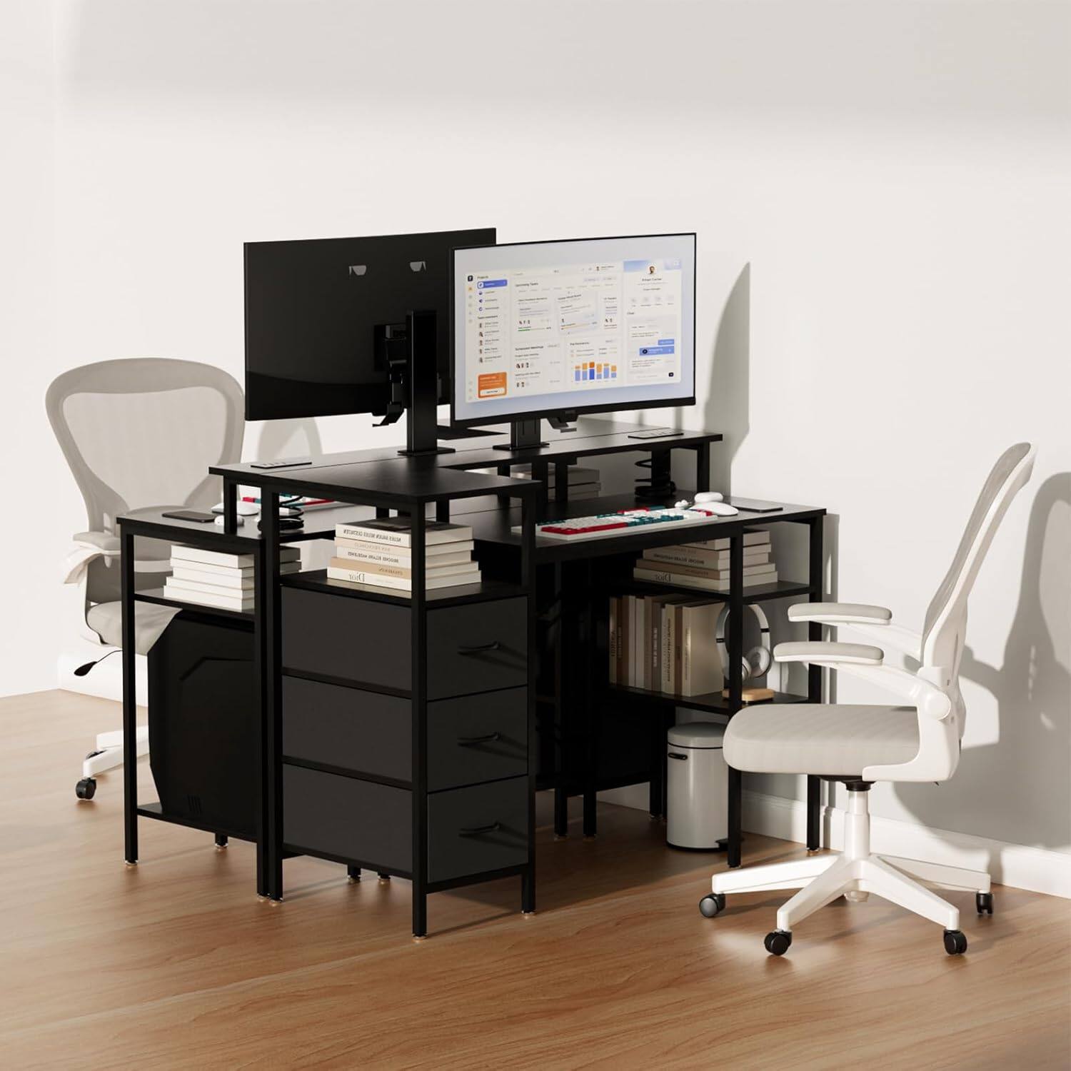 Alt View 8. Winado - 47" L-Shaped Computer Gaming Desk with Fabric Drawers & Storage Shelves,Charging Station,Monitor Stand for Home Office - Black.