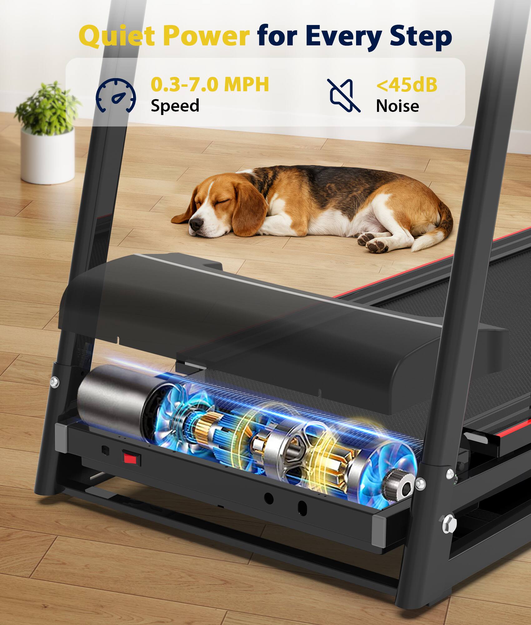 Quiet Power for Every Step

0.3-7.0 MPH Speed

<45dB Noise