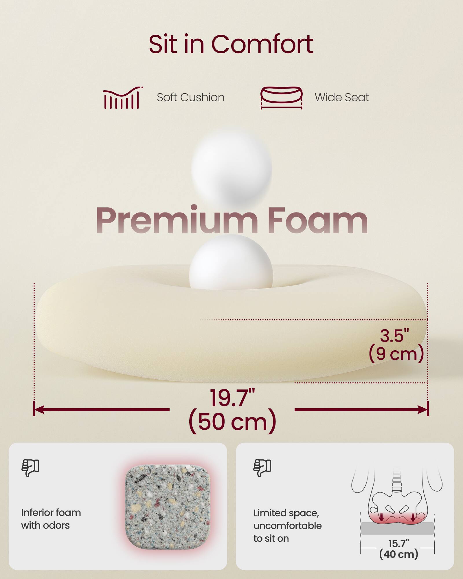 Sit in Comfort  
Soft Cushion  
Wide Seat  
Premium Foam  

3.5" (9 cm)  
19.7" (50 cm)  

Inferior foam with odors  
Limited space, uncomfortable to sit on  
15.7" (40 cm)